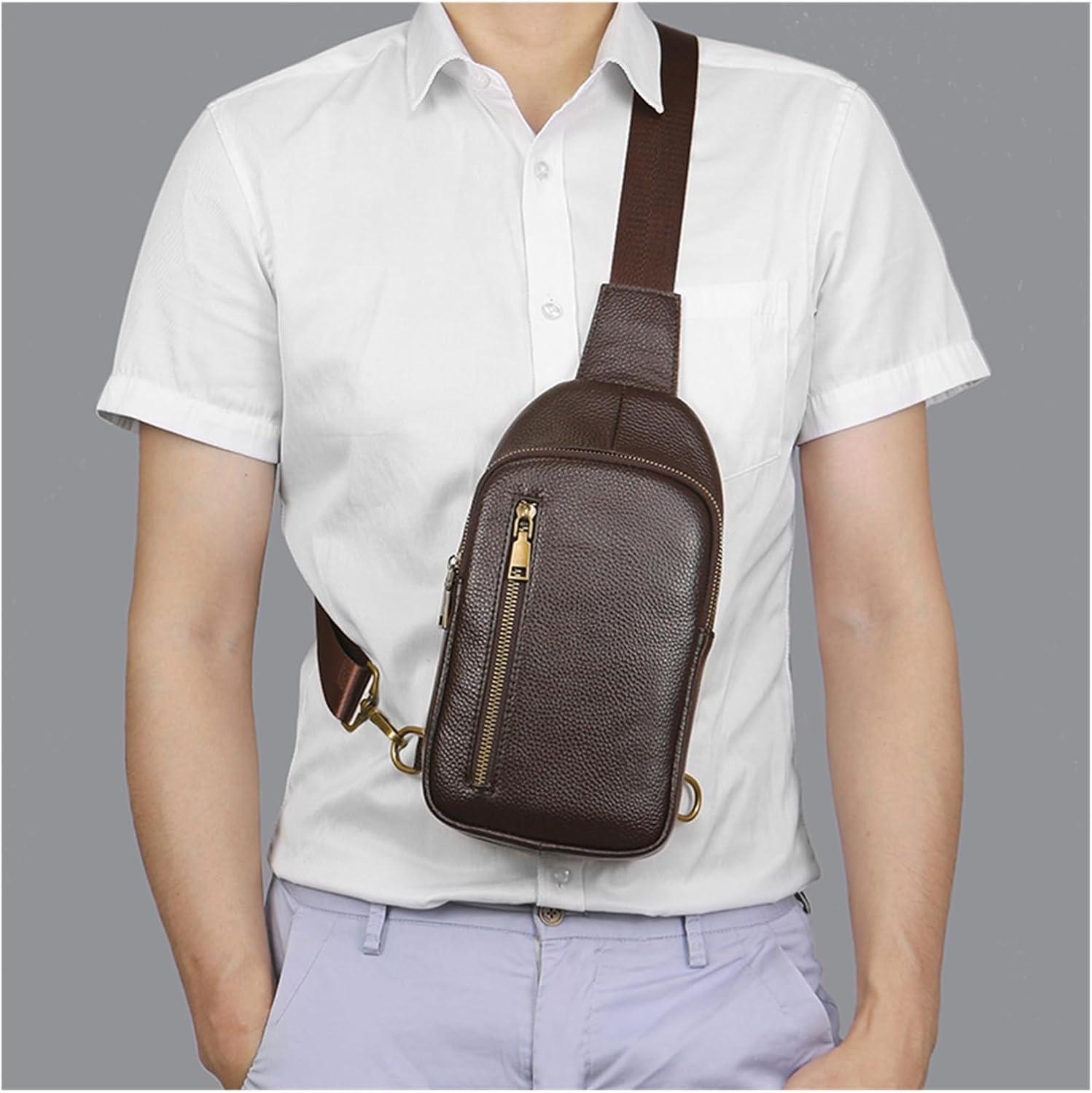 Genuine Leather Sling Backpack for Men, Soft Box Style Crossbody Chest Pack with Phone Pocket for Travel and Outdoor Day Use