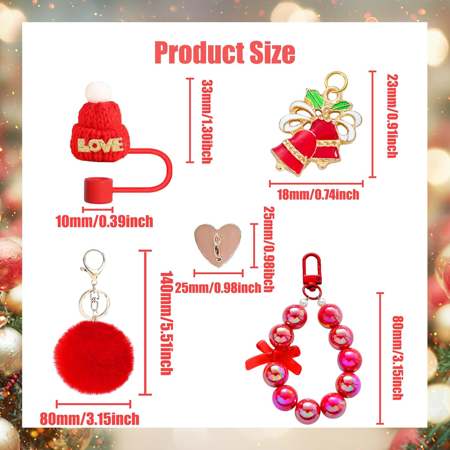 5 Pieces Christmas Warter Bottle Accessories for Stanley Cups Including Hat Straw Cover and Cute Keychain Charms for Stanley Cup 40oz & 30oz Tumbler, Perfect for Christmas Gifts (Red) - Image 5