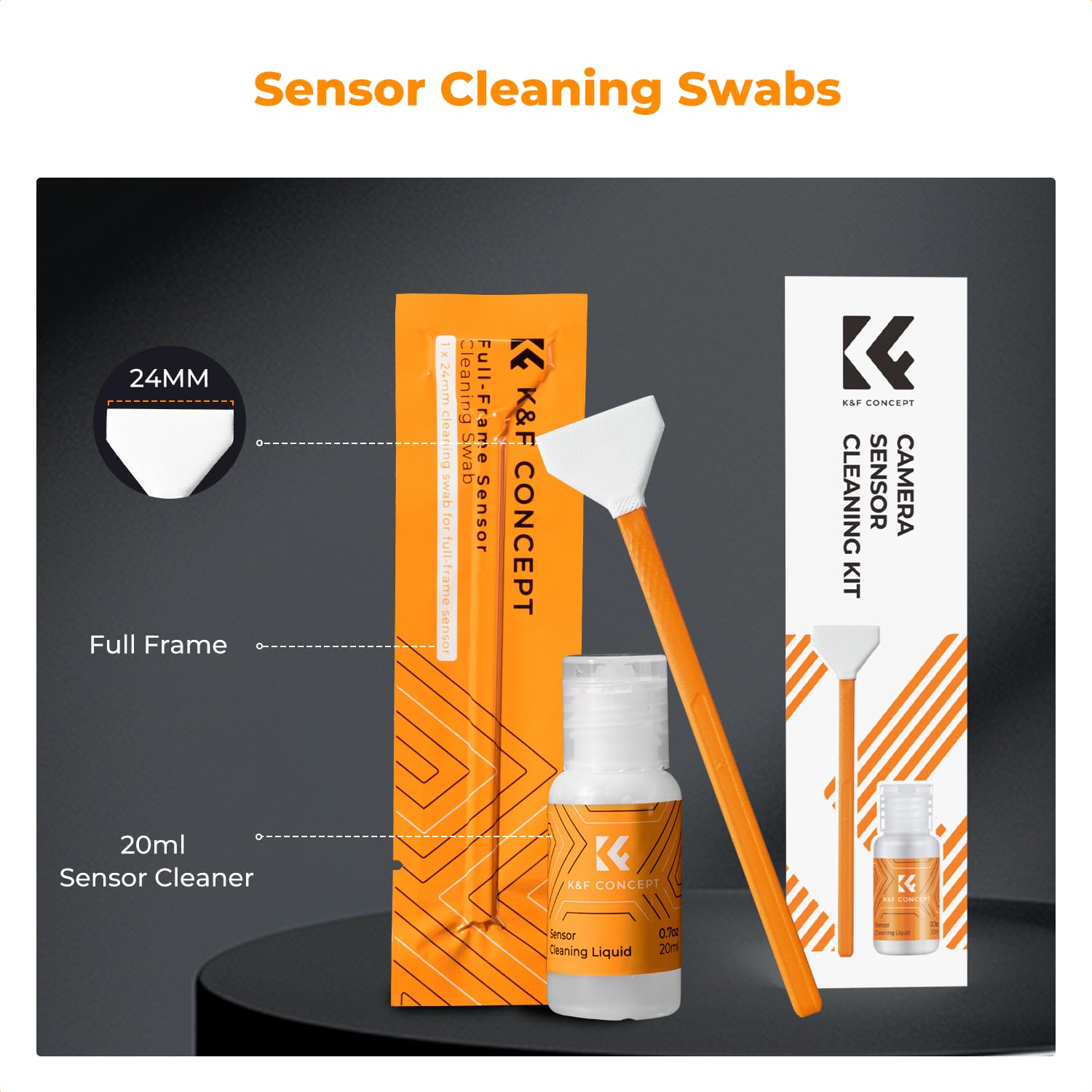 K&F CONCEPT Sensor Reinigungsset mit 6pcs Mikrofaser Swabs 24mm für Vollformat-Kameras und 20ml Flüssig-Reiniger Reinigungs Kit für DSLR Kamera Objektive Filter