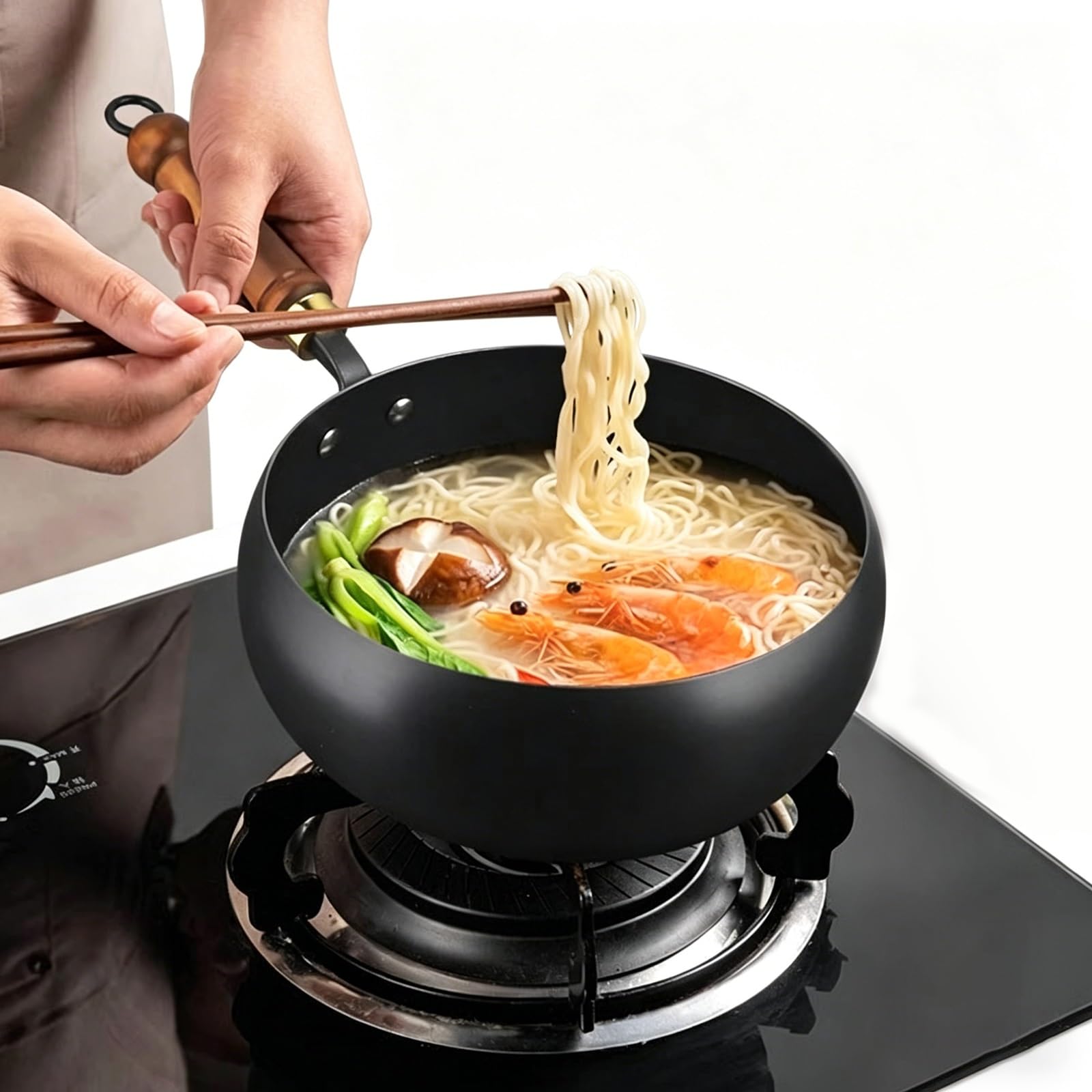 Padella Wok In Ghisa Cinese – Pentola Non Rivestita con Coperchio, Antiaderente, Set di Padelle for Famiglie da 24 Cm, Funziona Su Tutti I Piani Cottura(With wooden lid,28cm/11.02")