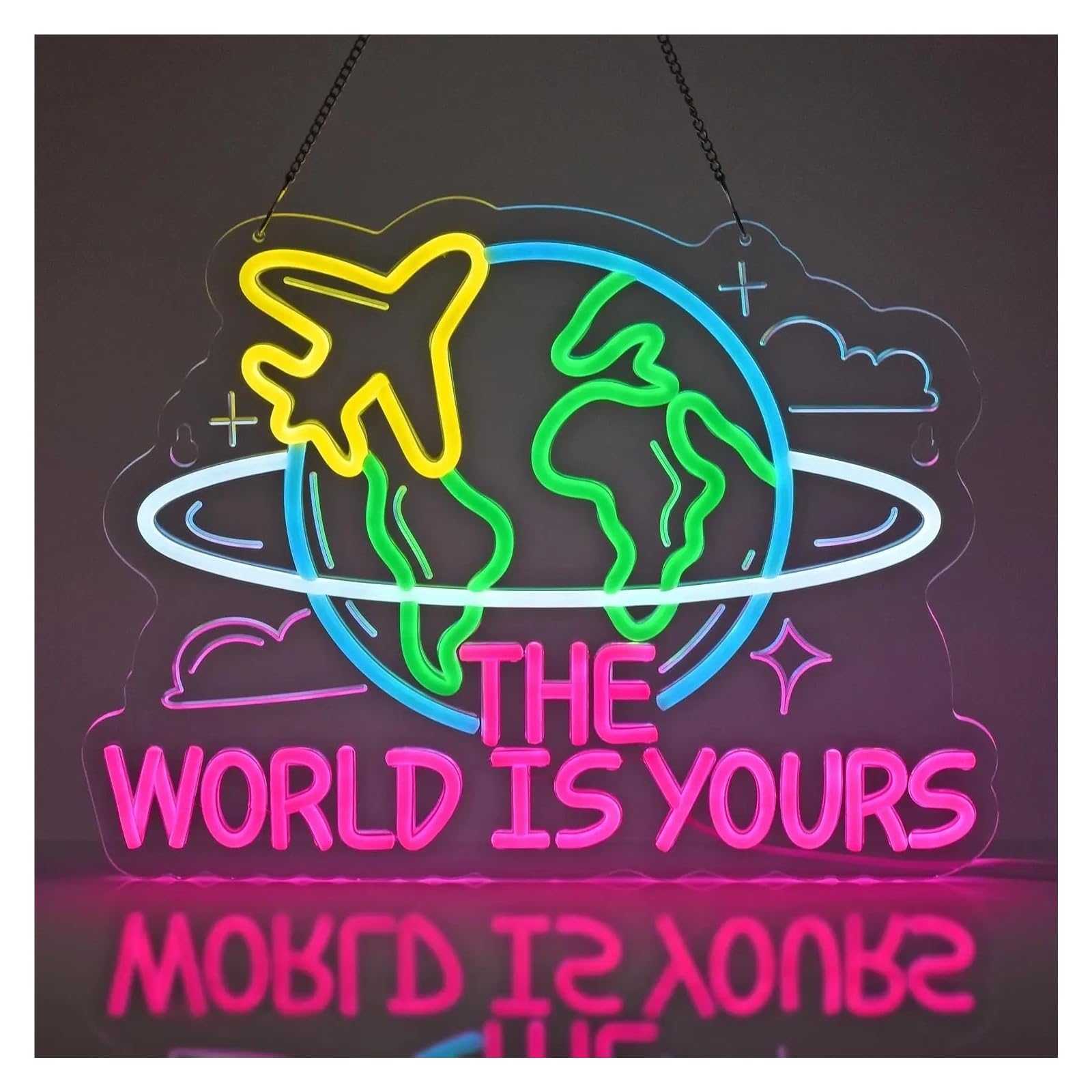 Insegna al Neon Insegna Al Neon LED The World Is Yours | Per Gli Amanti Dei Viaggi Camera Da Letto Cafe Avventura A Tema 40x30.3cm
