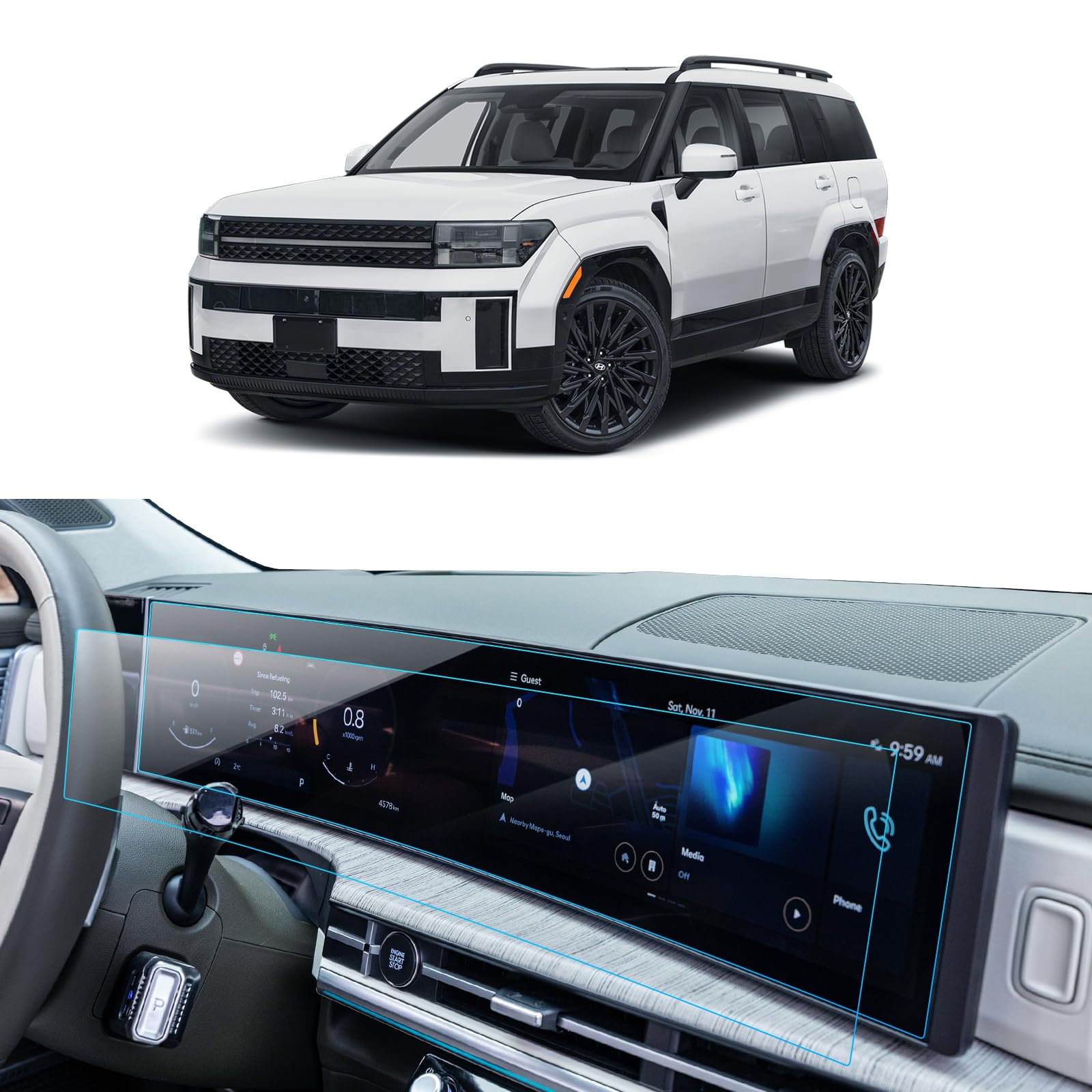 2PCS Car Screen Protector for Hyundai Santa Fe 2024 2025(SE/SEL/XRT/Limited/Calligraphy) Accessories Navigation & Dashboard Nano Touchscreen Protector Film HD Clear Anti Fingerprint 12.3''