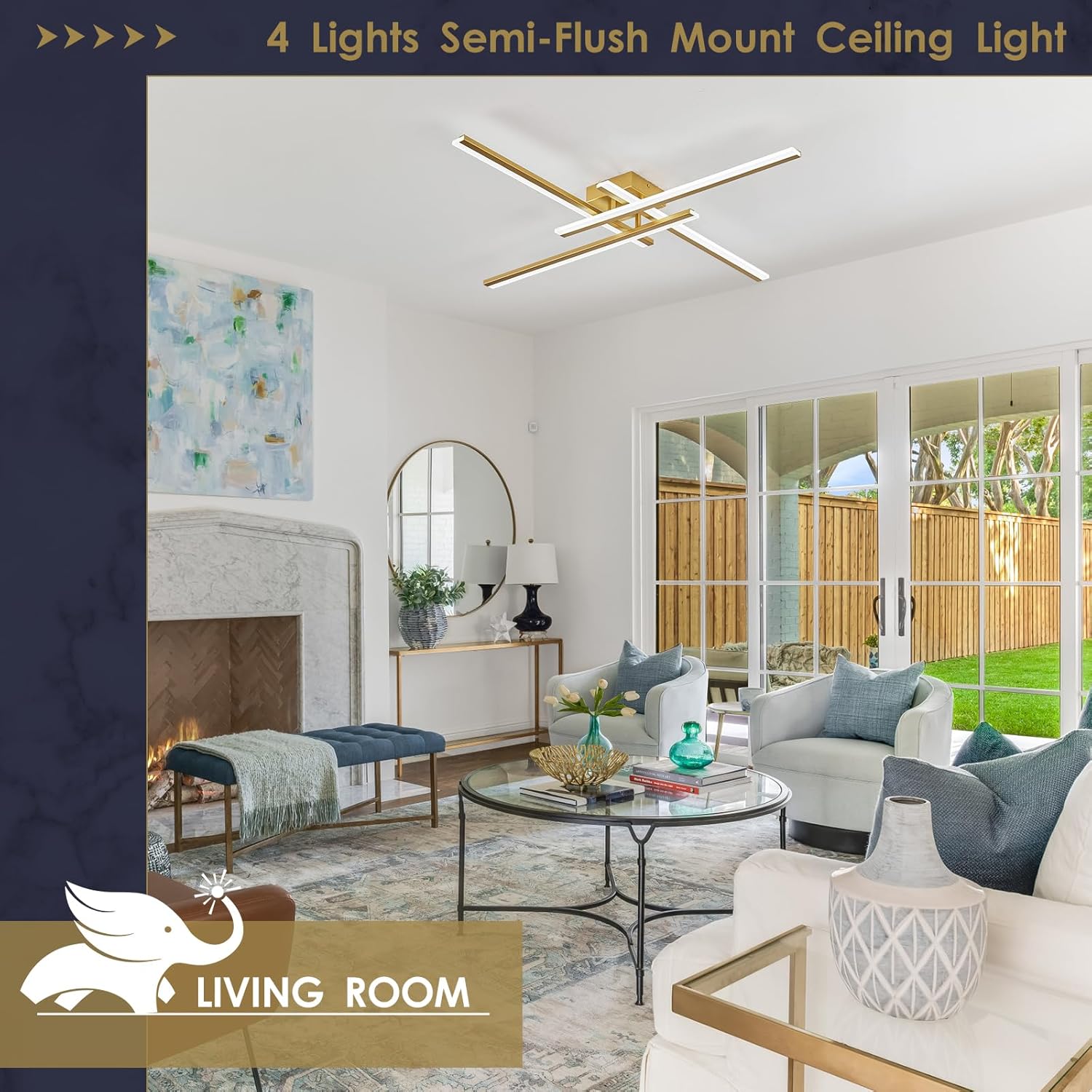 Gold Modern Led Chandelier 4-Lights Semi-Flush Mount Ceiling Lighting Fixture 35.4” Dimmable Remote Control Ceiling Light for Living Room Bedroom Kitchen Foyer