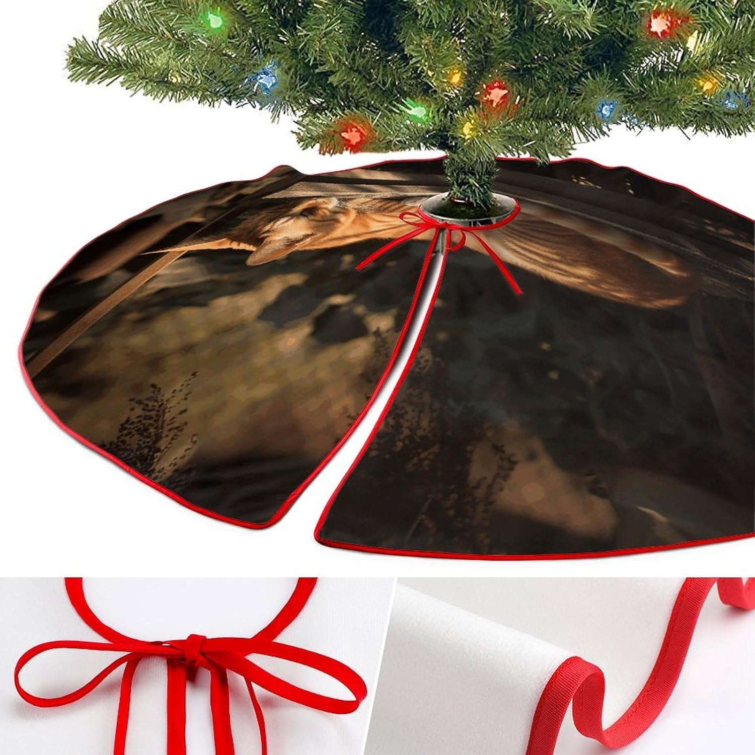 Christmas Tree Skirt,for Xmas Tree Holiday Party Decorations Orange Cat Sleeping Printed Christmas Tree Mat Red Lace-up Christmas Tree Dress