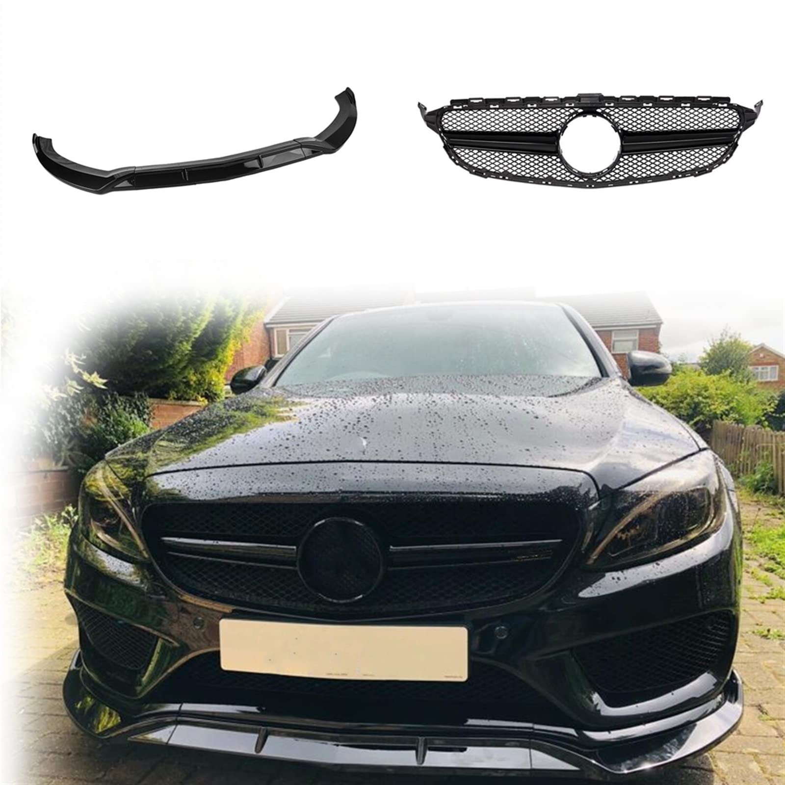 CHEVVY Griglie per Benz Classe C W205 2015-2018 Sport C200 C250 Black Car Griglia Superiore Grill + Paraurti Anteriore Spoiler Labbro Inferiore Splitter Accessori