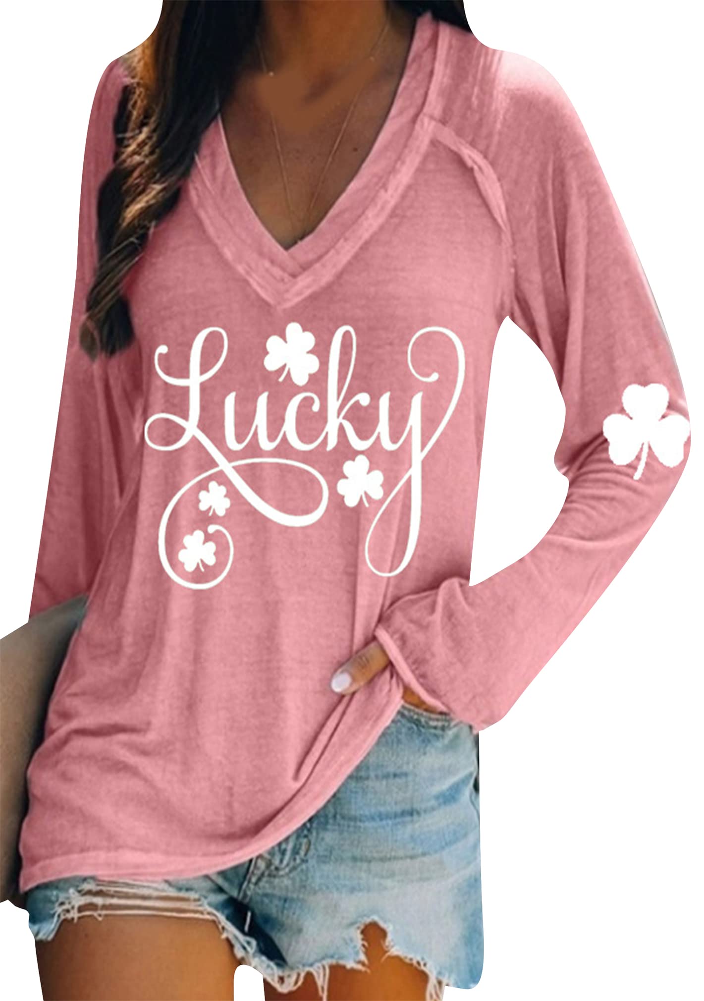 BOFETA Women St Patricks Day Sweatshirts Loose Long Sleeve Shirts Green Shamrock Print Blouse Flowy Color Block Pullover Tops