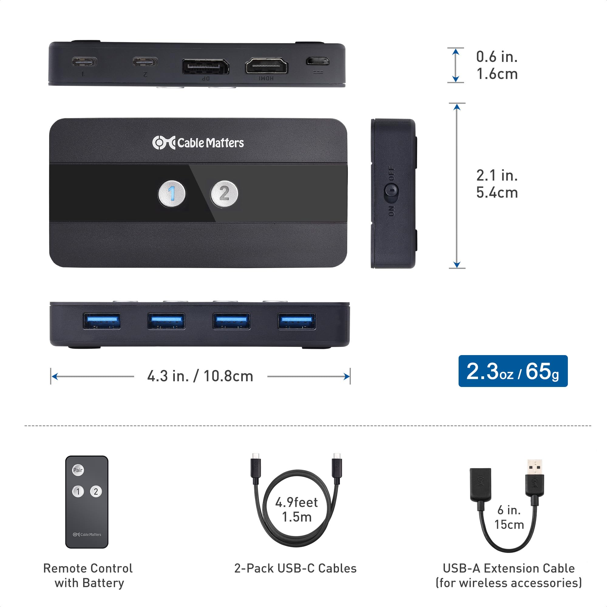 Cable Matters Dual 4K 60Hz USB C KVM Switch per 2 computer 2 monitor (non funziona con PC desktop o Chromebook) con telecomando RF, HDMI, DisplayPort e 4X USB 3.0 compatibile con Thunderbolt 4
