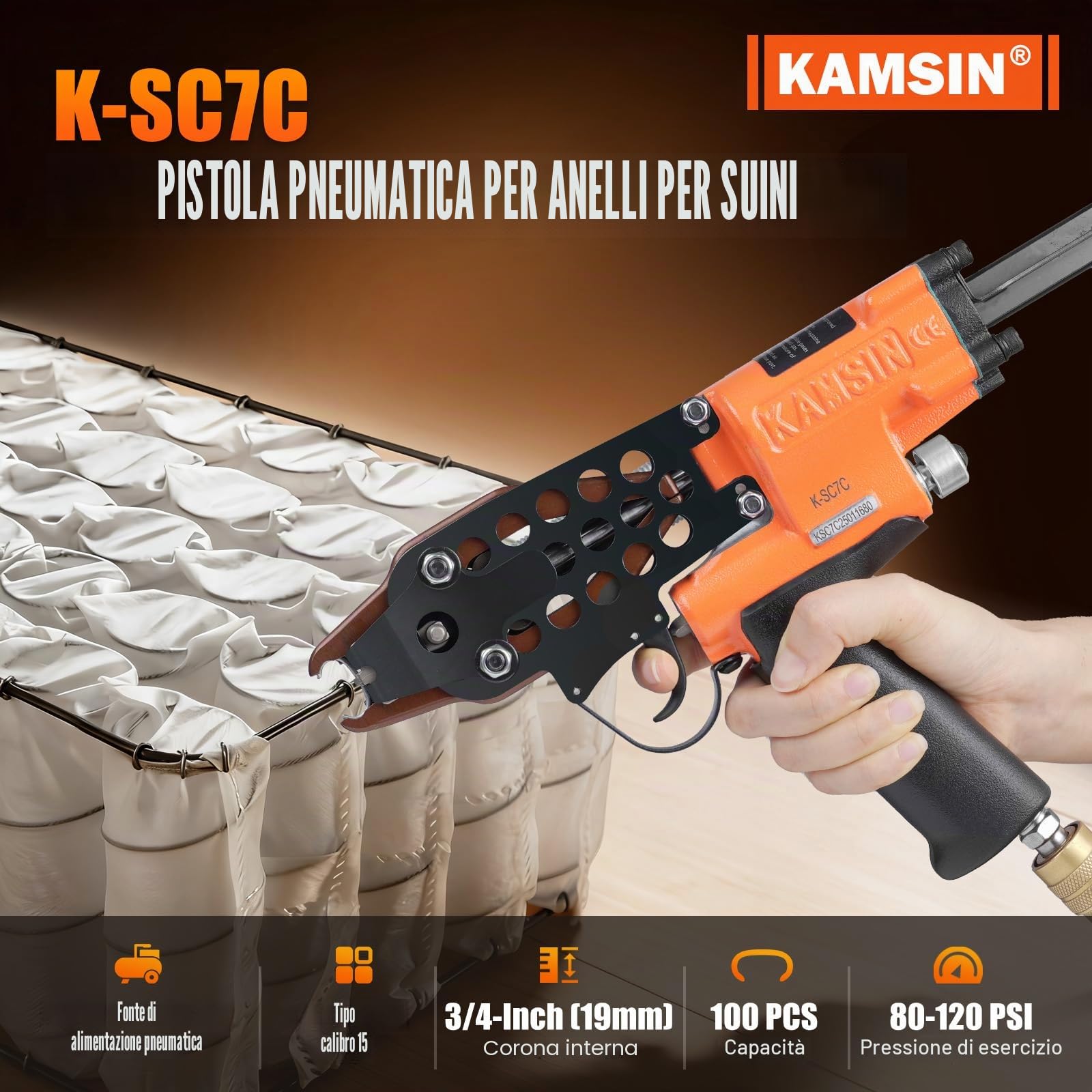 K-SC7C Pistola pneumatica ad anello di porco da 15 gauge Corona da 3/4” Diametro di chiusura 4,8 mm Cucitrice ad anello di porco Pistola ad anello di porco Cucitrice ad anello di C | Chiusura 4,8mm, corona 19mm, caricatore acciaio 125 chiodi, 70-100 PSI,