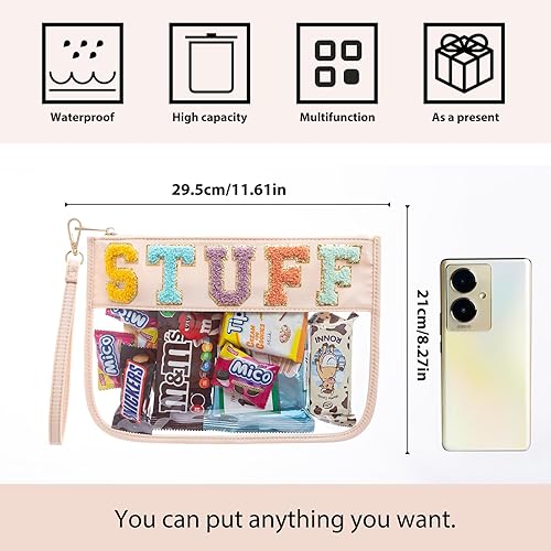 Miniatura 4 de HANAMO Bolsa transparente de felpilla con monograma transparente para estadio, bolsa de parche de viaje con letras de chenilla, bolsa de parche de