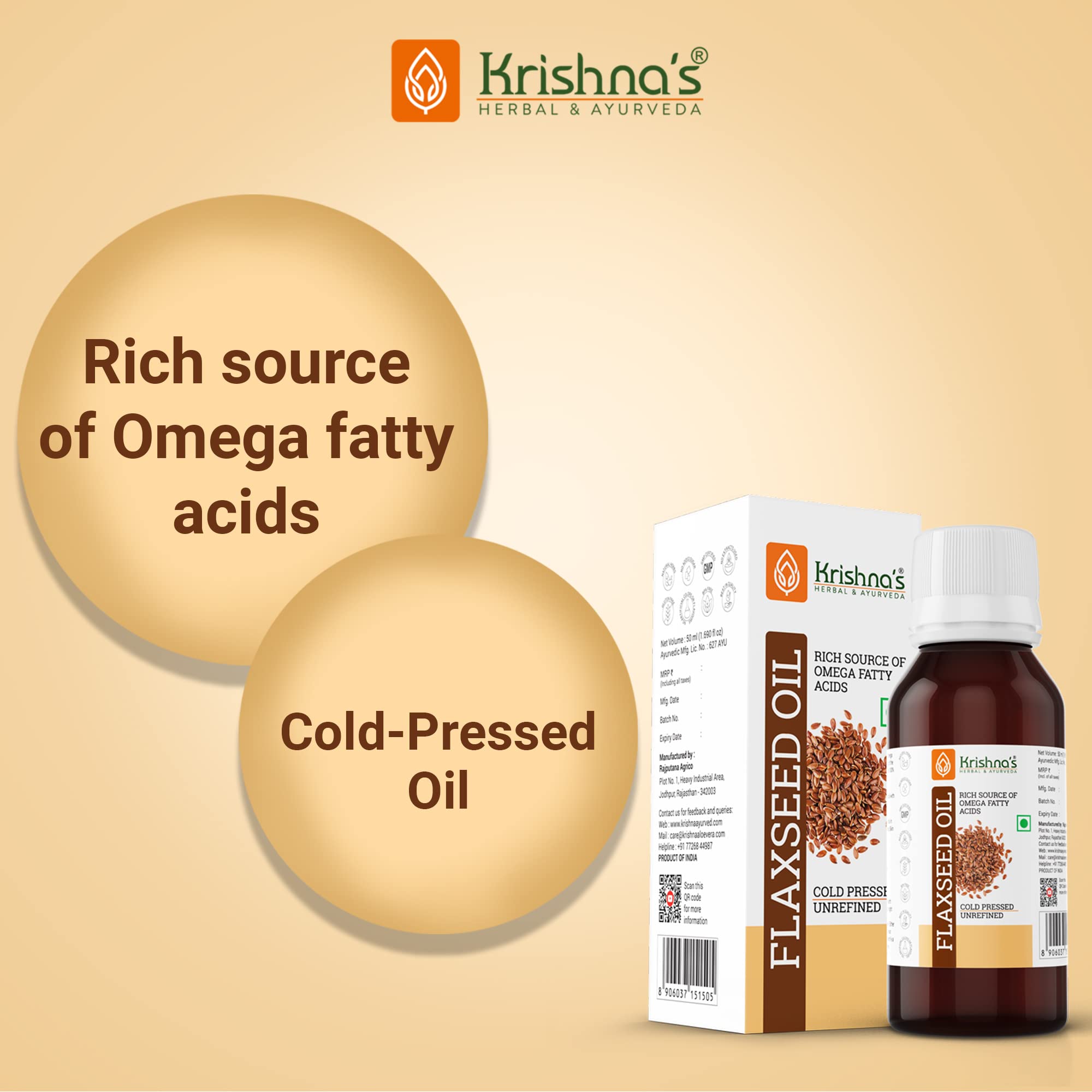 Krishna's Flaxseed Oil (50 ml) | Virgin Cold Pressed Flex seed oil | Rich in Omega 3-6-9 | Made in Kachi Ghani | No Added Preservatives - Image 2 thumbnail