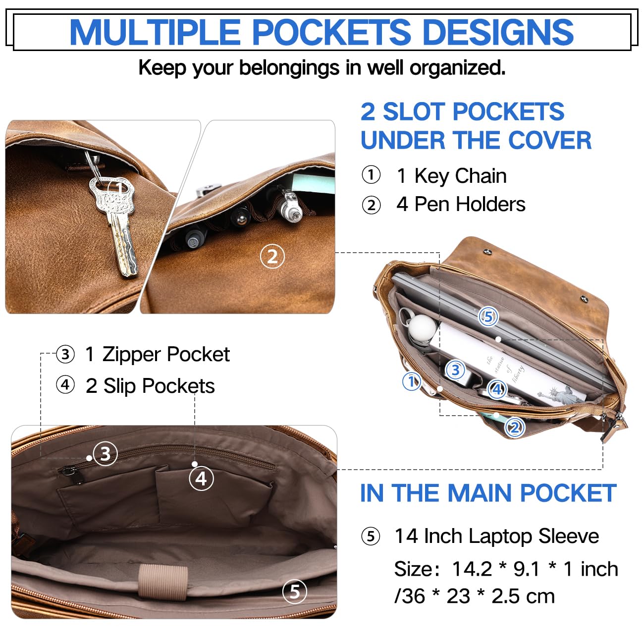 VX VONXURY Bolso Hombre Bandolera para Portátil de 14 pulgadas Bolso de Hombro con Correa Acolchada para el Hombro