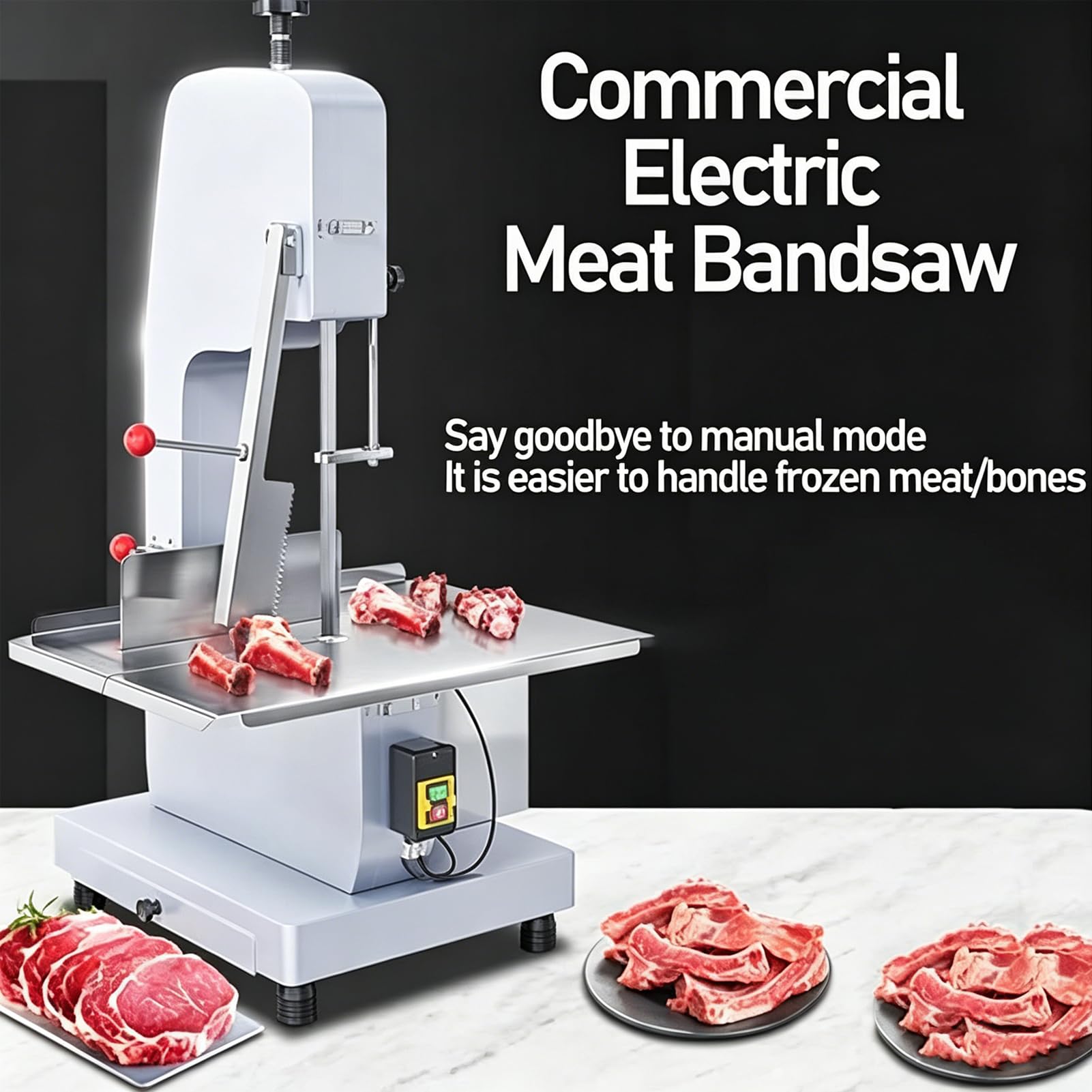 Sierra Eléctrica Comercial para Huesos de Carnicero, 1100W Sierra de Cinta de Acero Inoxidable, Mesa 44x31cm, Grosor 0-130mm, con 8 Cuchillas, para Carne Congelada, Costillas, Res y Pescado