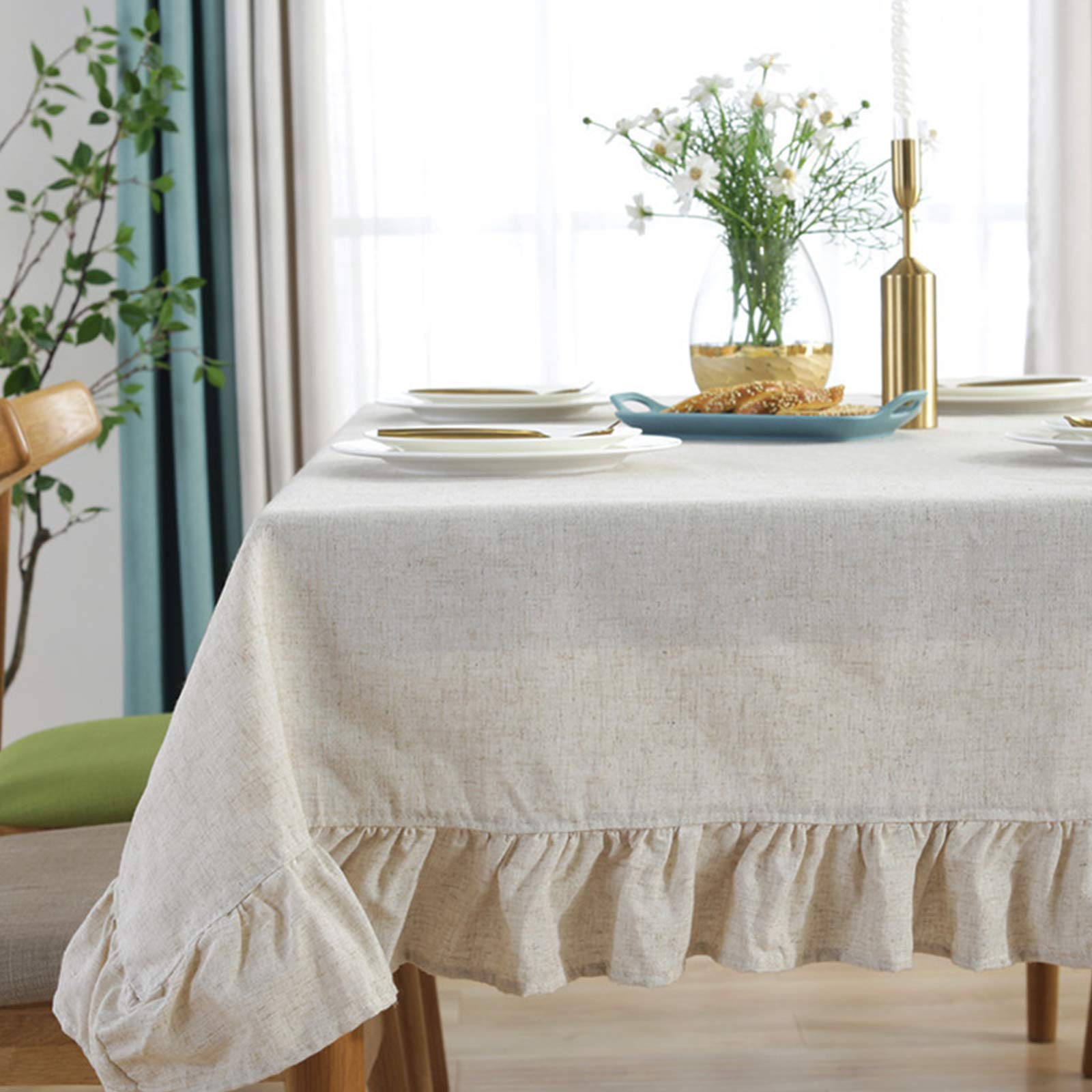 rismart Volante Fruncido Lino Manteles Cubrir Mantel por Escritorio Mesa Adorno Beige,140 x 260 cm