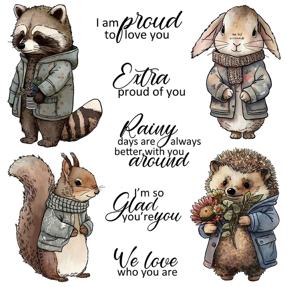 Briartw Clear Stamp and Matching Cutting die for Card Making Raccoon Rabbit Squirrel Hedgehog Silicone Stamp & Metal Stencil DIY Handmade Scrapbooking Decoration Photo Album Crafts Cards