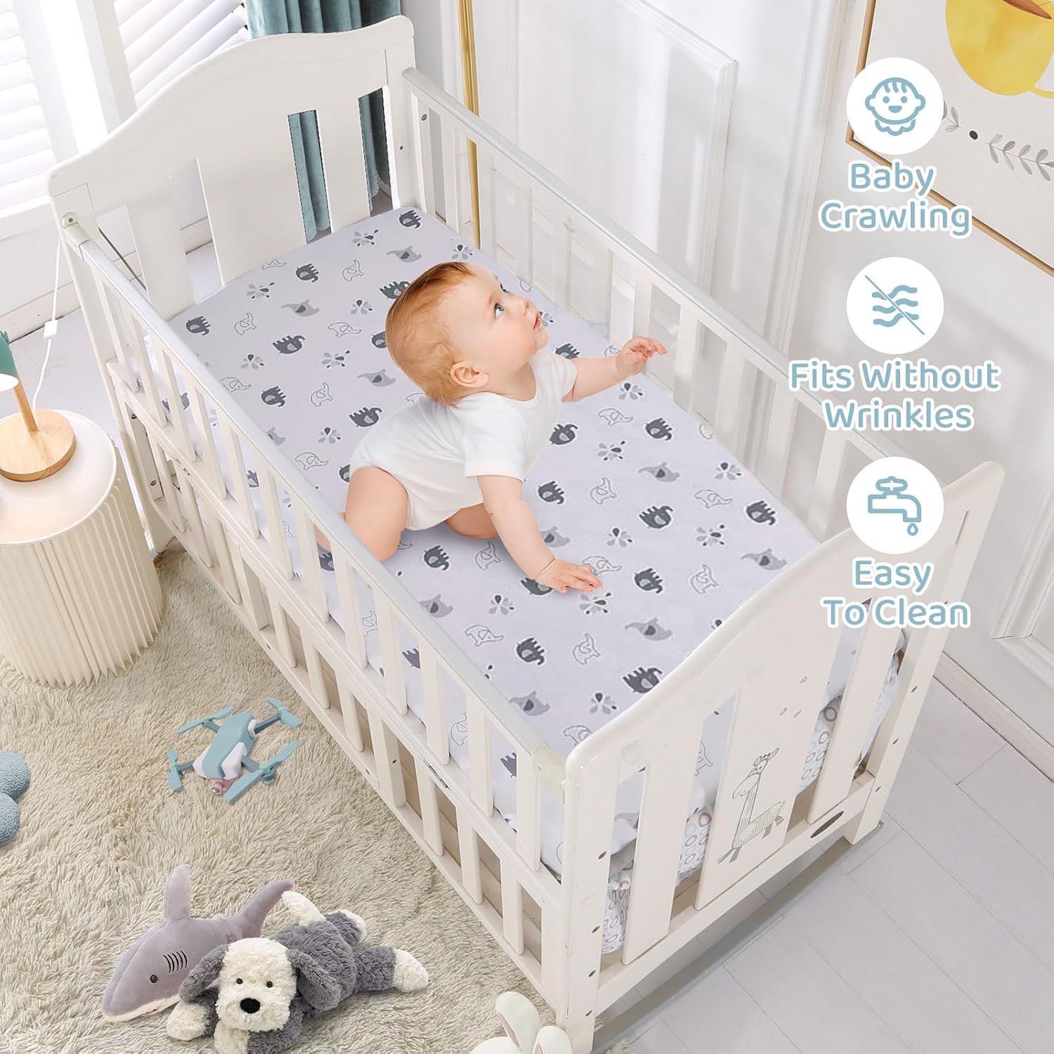 Wowelife Crib Bedding Set for Boys, Premium 3 Piece Elephant Baby Crib Bedding Set, Baby Nursery Crib Comforter Set for Boys with Crib Comforter, Skirt and Sheet, Gray