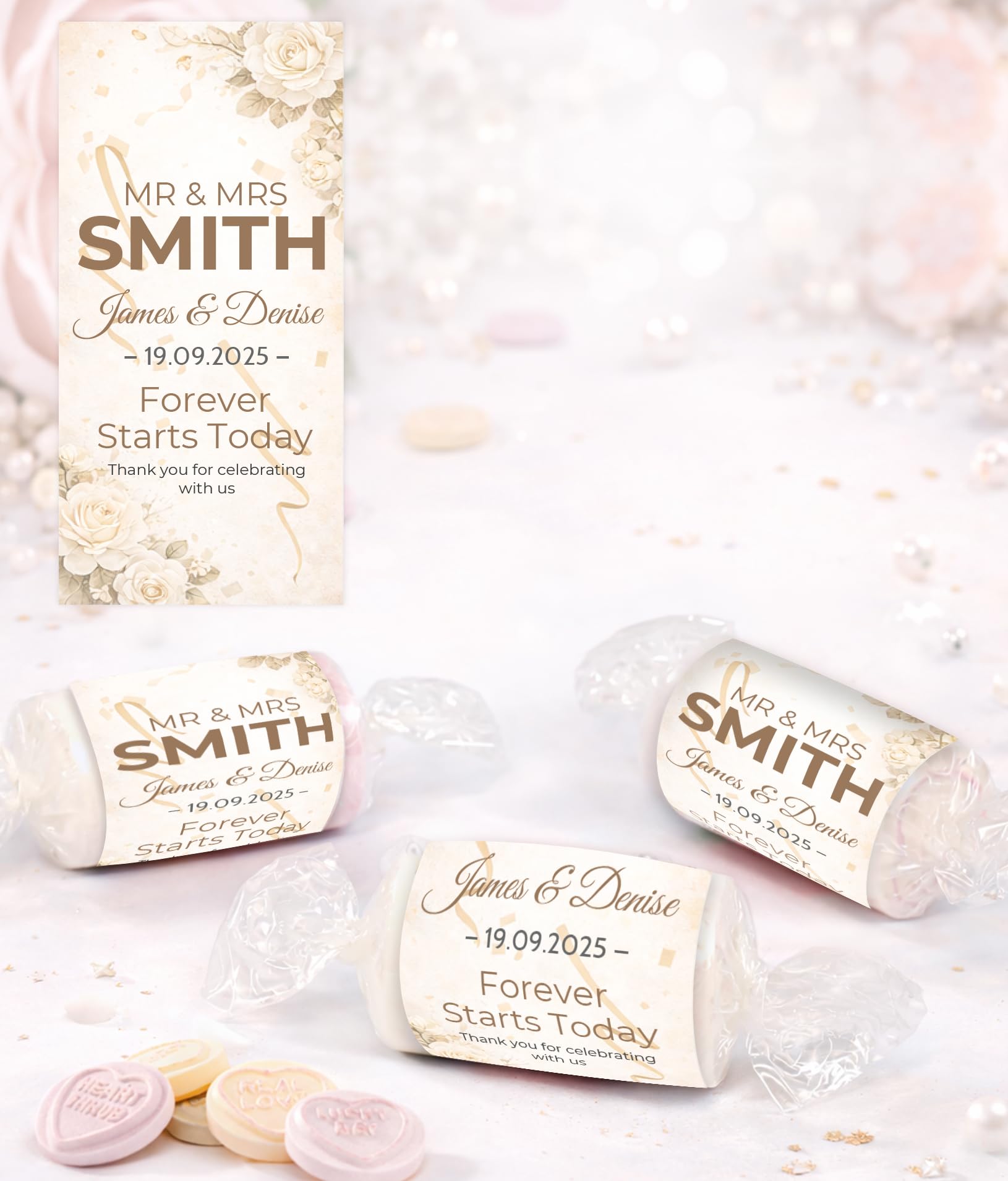 Personalised Wedding Favours Love Hearts, Custom Wrapped Wedding Sweets, Forever Starts Today, Mr & Mrs Favours UK (Champagne Gold)