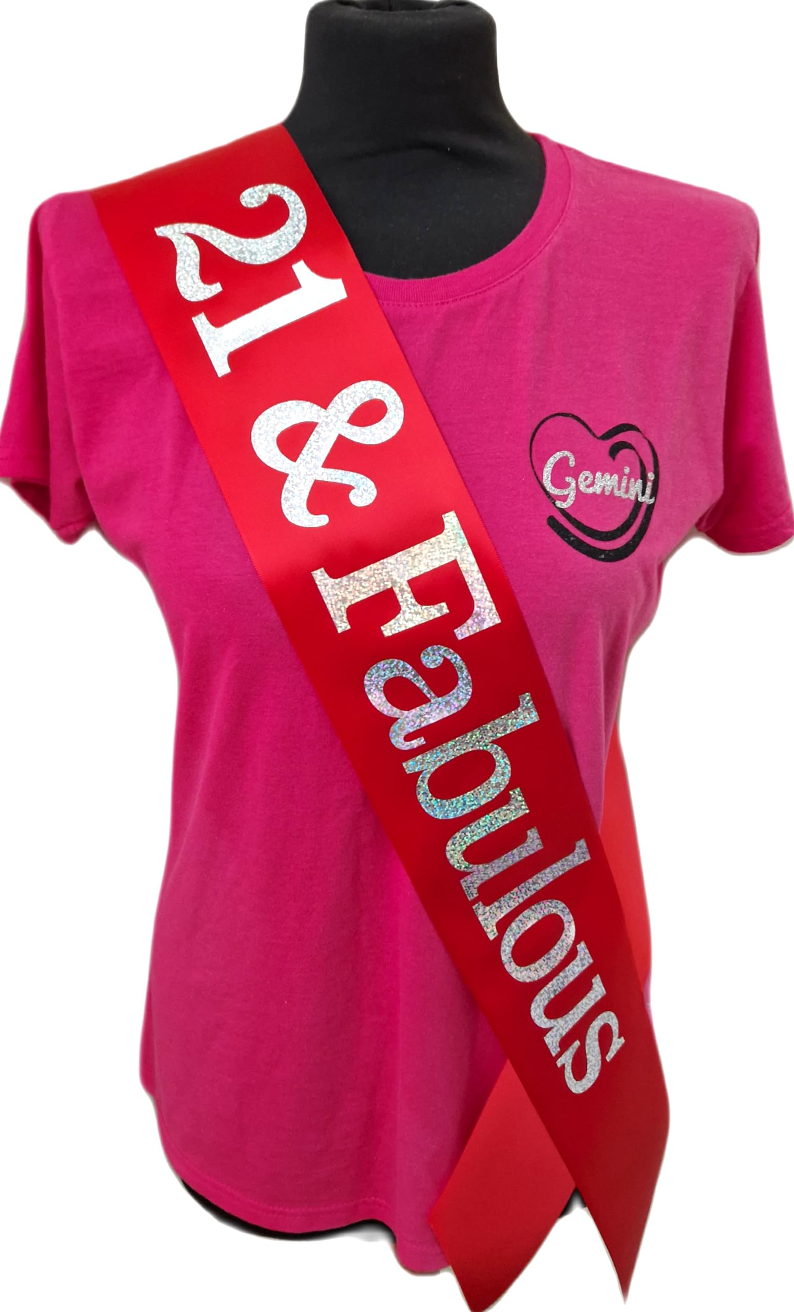 21st Birthday Sash - 21 & Fabulous - Red Ribbon/Silver Font
