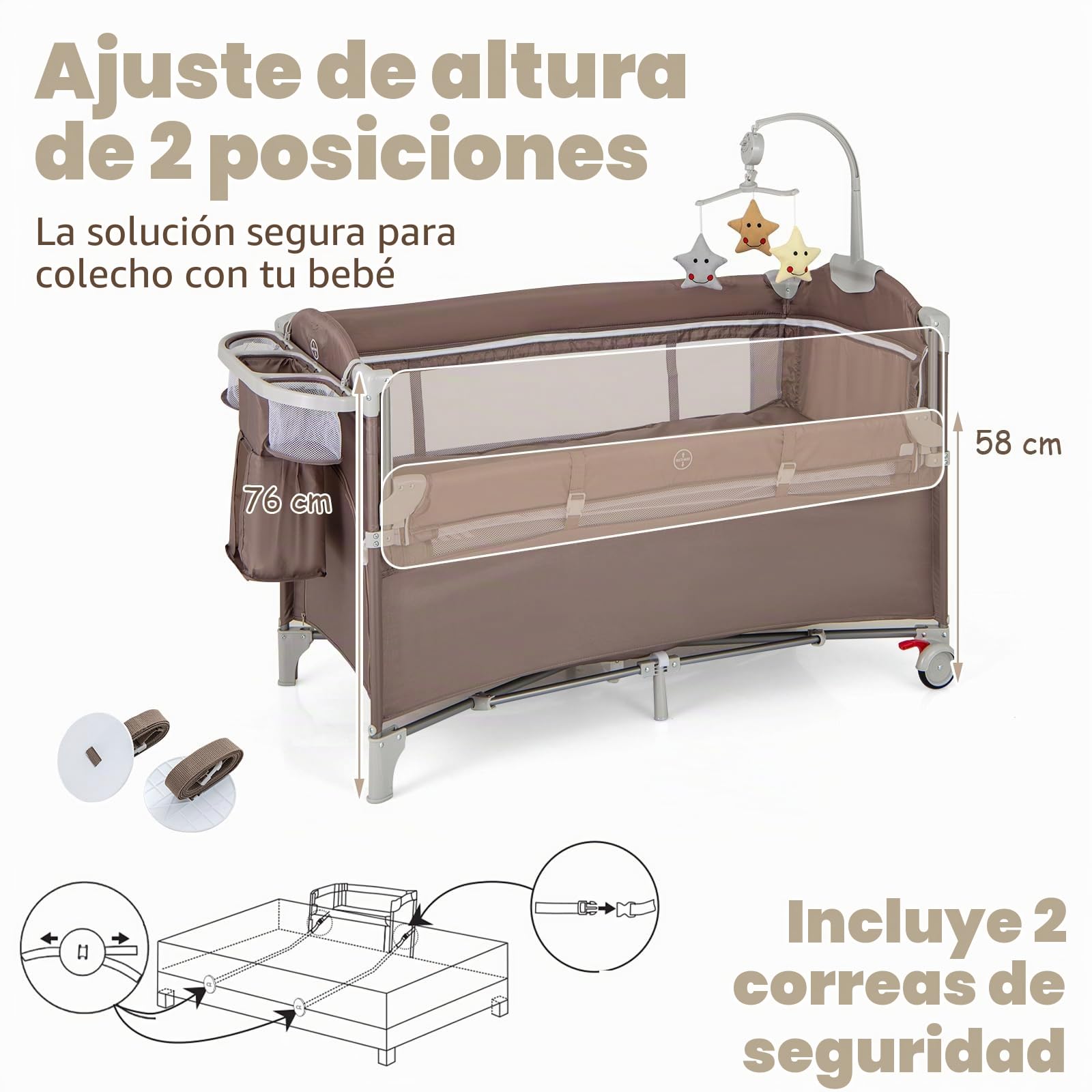 LIFEZEAL Cuna Plegable para Bebé, Cuna Cama para Bebé con Cambiador, Cuna de Viaje con Arco de Juegos y Campanas Musicales, Cuna Móvil con Bolsa de Almacenaje, para 0-36 Meses (Café)