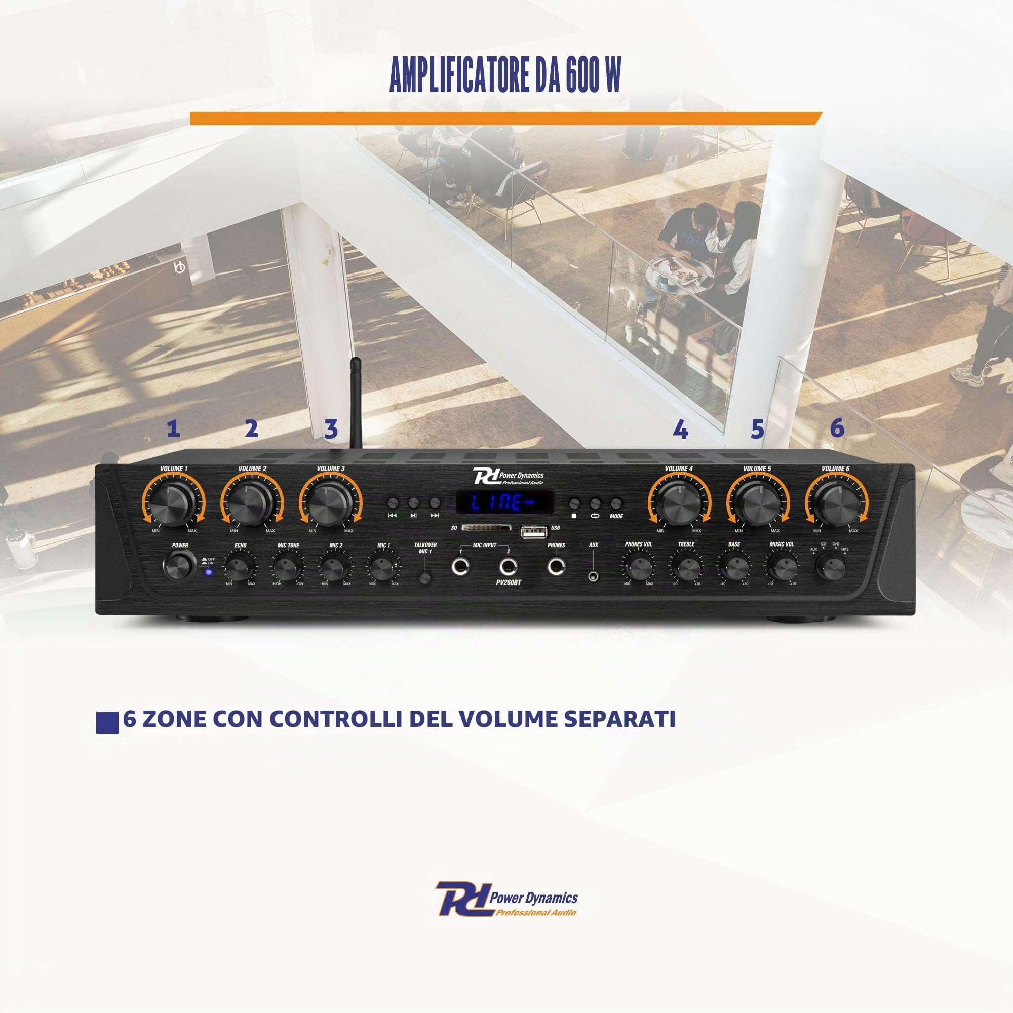 Versterker met Bluetooth - Power Dynamics PV260BT - 6-zone versterker met radio & mp3 speler - 12x 50W - Zwart
