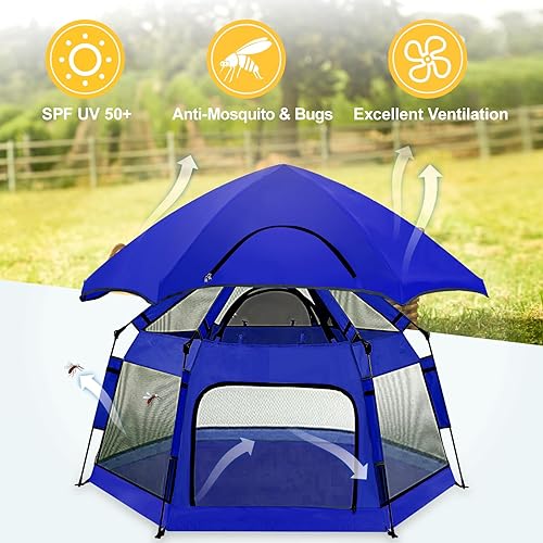 Miniatura 2 de Baby Playpen with Canopy, 2023 Newest Pop Up Baby Beach Tent with Safety Lock, Portable Toddler Play Yard with Travel Bag, 6 Ground Stakes, 6 Sand