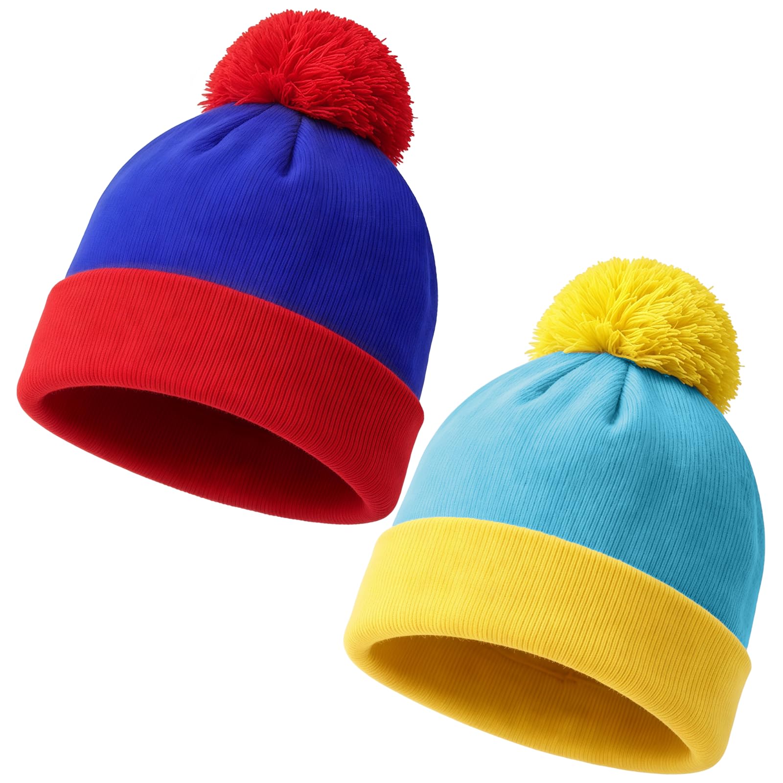 DVOFU 2pcs Halloween Character Beanie Hats Red and Blue Striped Hat& Yellow and Blue Striped Hat Knit Pom Beanie Hats Character Cosplay Headwear for Halloween Cosplay Costume Party