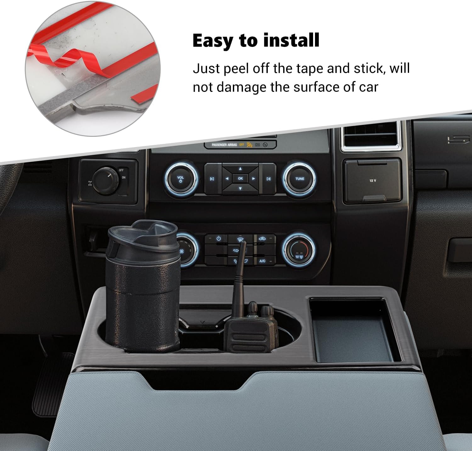 Voodonala for Ford F250 F350 F450 F550 XL XLT Center Console Water Cup Holder Panel Cover Compatible with Ford F250/F350/F450/F550 2017-2022(Black Wood,ABS,1Pc)