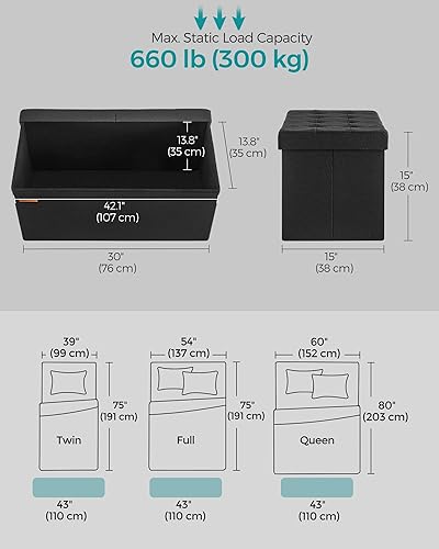 Miniatura 3 de SONGMICS Otomana de almacenamiento, banco de almacenamiento plegable, 15 x 30 x 15 pulgadas, tapa abatible, capacidad de carga de 660 libras, para