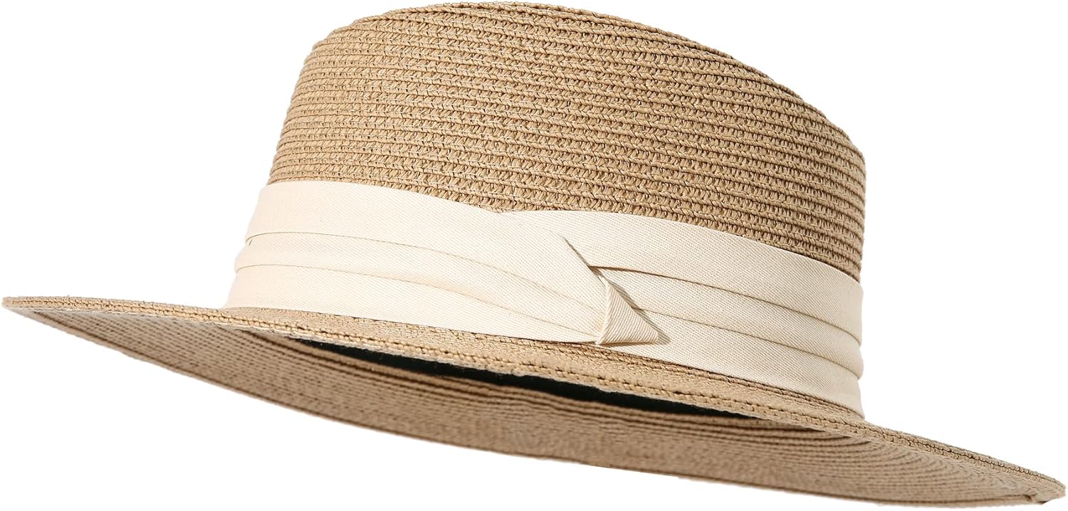 Lanzom UPF50+ Women Wide Brim Straw Panama Sun Hat Boater Summer Beach Sun Hat - Image 4