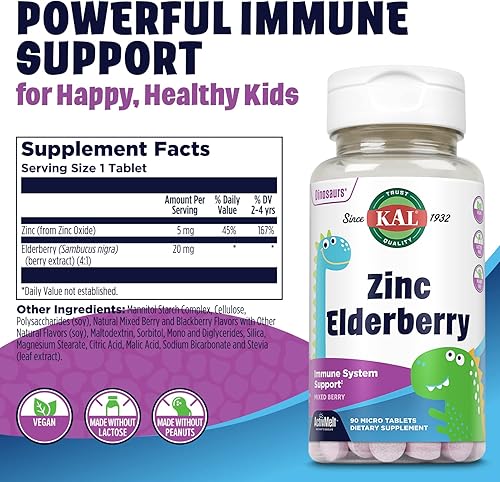 Miniatura 2 de KAL Dinosaurios de saúco de zinc para niños, suplemento de apoyo inmunológico* para niños con bayas de saúco Sambucus, bayas mixtas de disolución