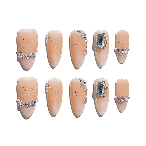 Miniatura 12 de Sun&Beam Nails Uñas a presión hechas a mano, medianas y largas, almendra, ovalada, azul, blanco, concha, punta falsa, diseño 3D, encantos lindos