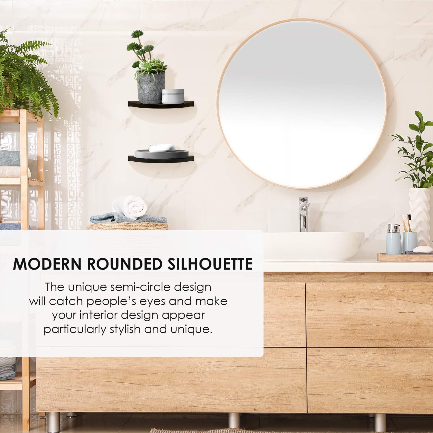 Halter Semi Circle Ledge Wood Shelves, Decorative Floating Wall Shelves for Bathroom, Bedroom, Living Room, and Kitchen, Wooden Office Shelves for Wall Storage, Floating Wall Shelf, Black, Set of 2