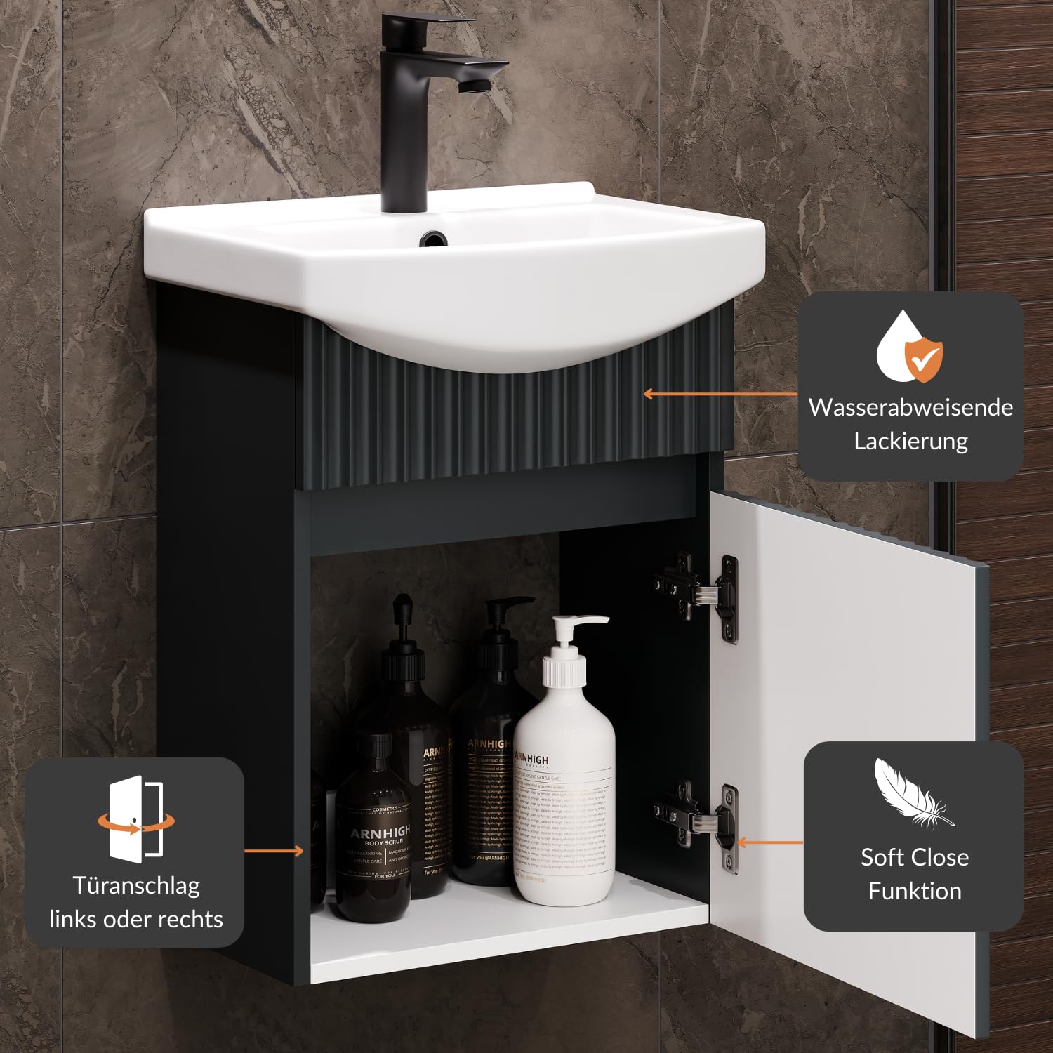 Planetmöbel Waschbecken mit Unterschrank 45 cm inkl. Keramikwaschbecken, Gäste WC Waschtischunterschrank, anthrazit matt