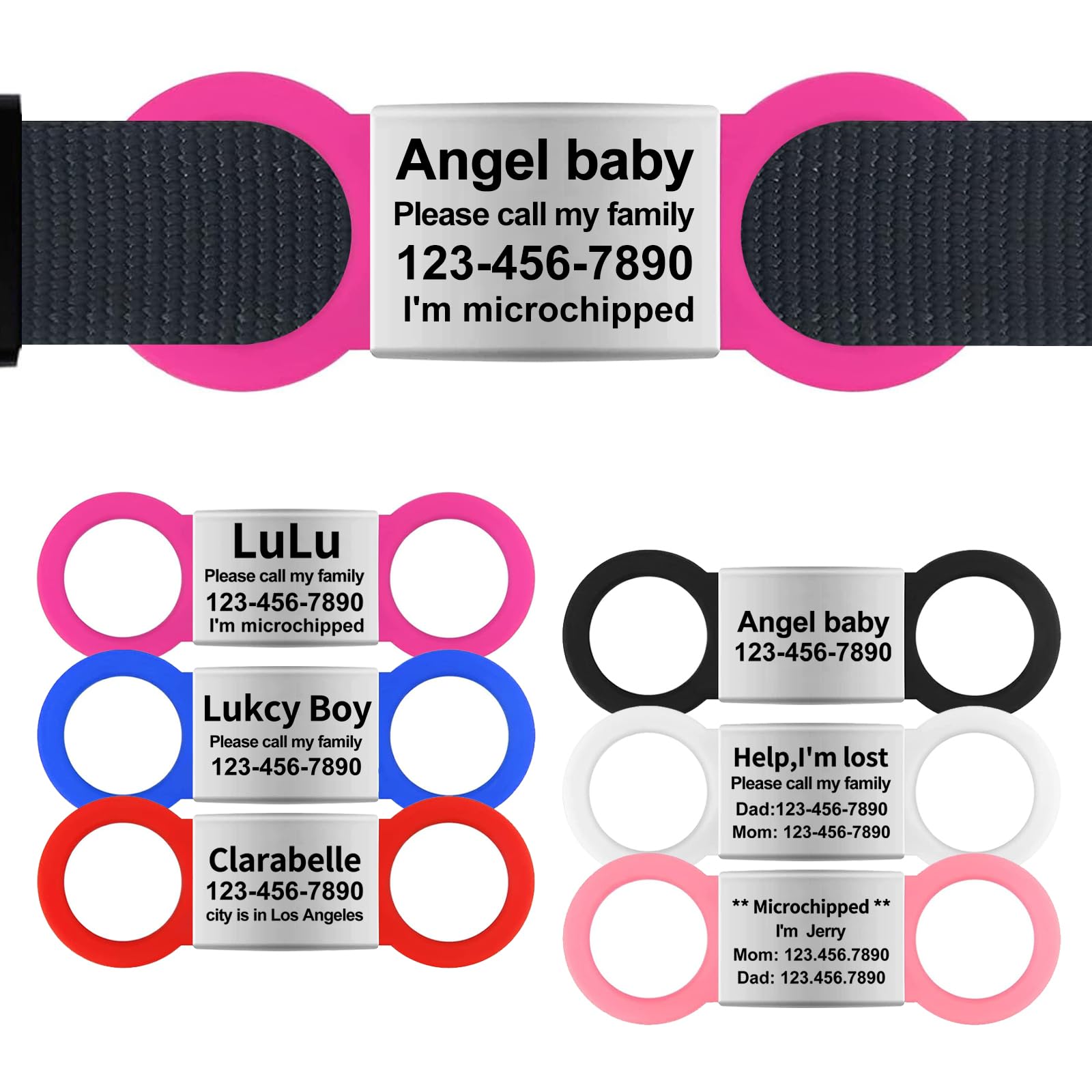 Silent Slide On Dog Cat ID Tags, Personalized Laser Engraved On Collar, Elastic Silicone Band and Stainless Steel Name Plate (Hot Pink, Large)