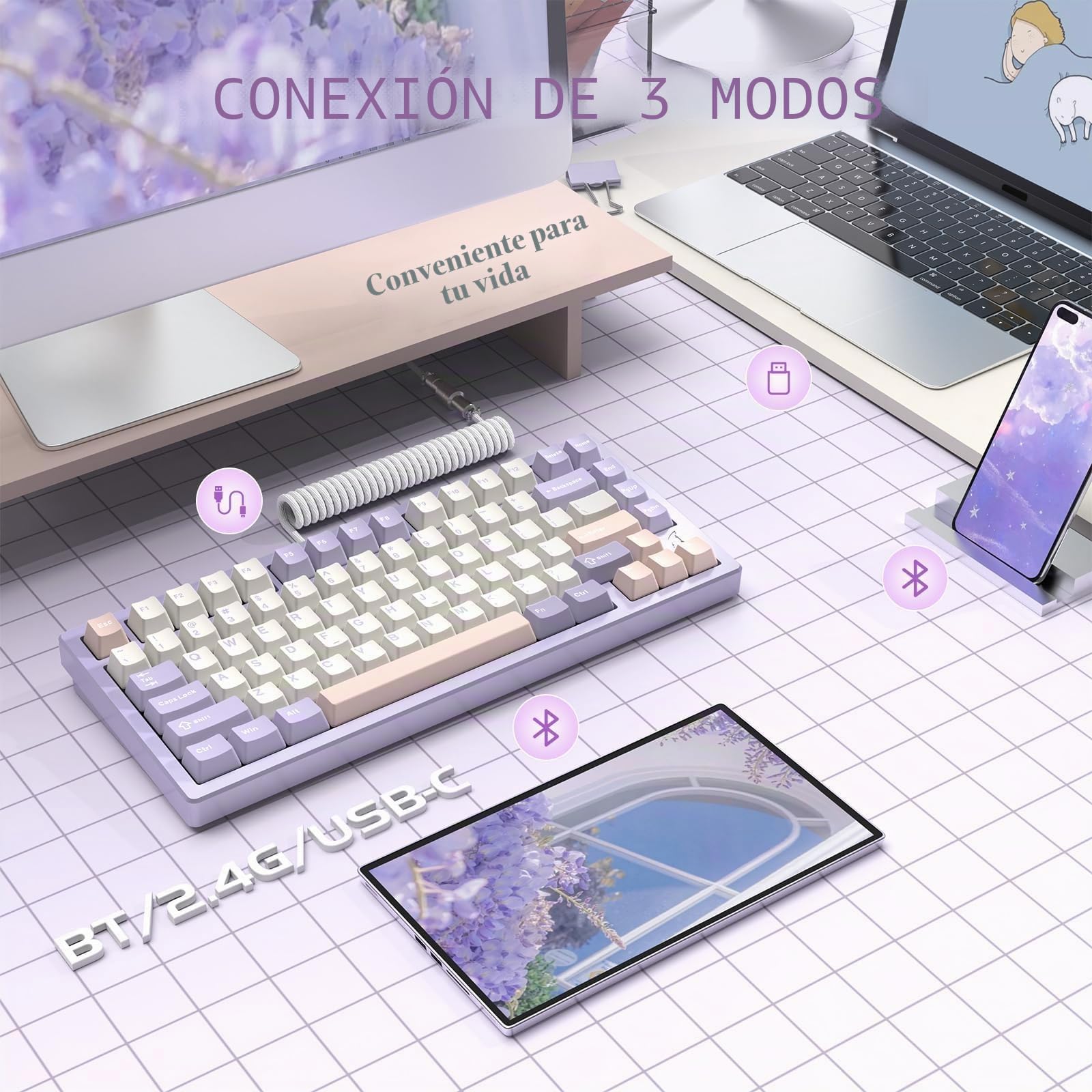 ATTACK SHARK X75 Via Teclado Mecánico Gaming Inalámbrico Completo De Aluminio, BT/2.4G/USB-C, Interruptores Lineales Intercambiables RGB, Diseño QWERTY del 75% con 5 Capas De Amortiguación-Púrpura