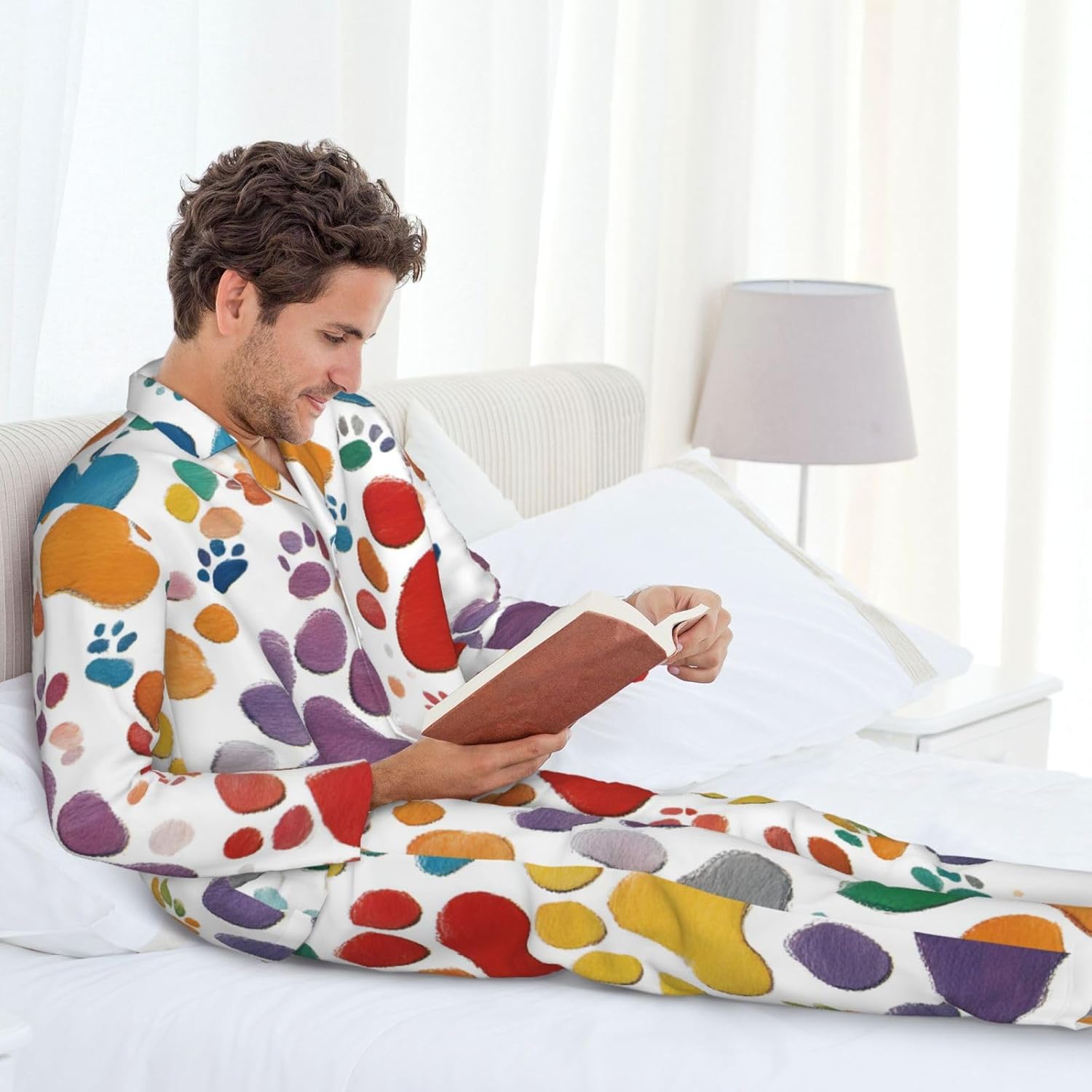 Paw Prints Art Print Luxurious Mens Pajamas Set,Breathable Pajamas Set,Perfect For Lounging Bed,Sofa