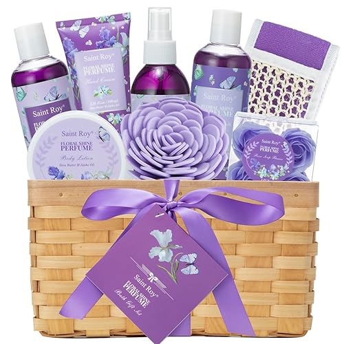 Cesta de regalo para mujer, 11 piezas de perfume floral de lujo para baño y cuerpo, kit de regalo de spa en casa con baño de burbujas, loción