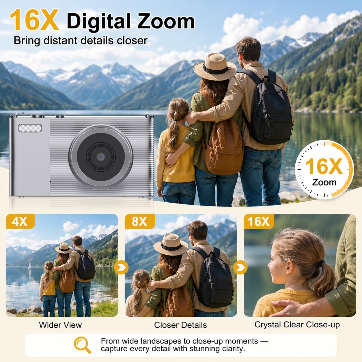 Fotocamera digitale per fotografia, fotocamera 4K 72MP Vlogging, autofocus Point and Shoot fotocamera digitale per adolescenti adulti principianti zoom 16x, scheda 32 GB, argento