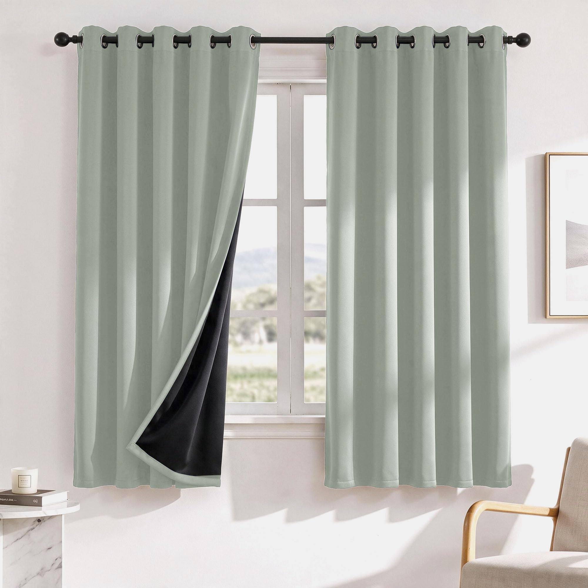 Deconovo 100% Blackout Curtains for Bedroom, Eyelet Thermal Curtains for Living Room with Black Backing & Energy Saving, 2 Panels, W 66" x L 72", Sage Green