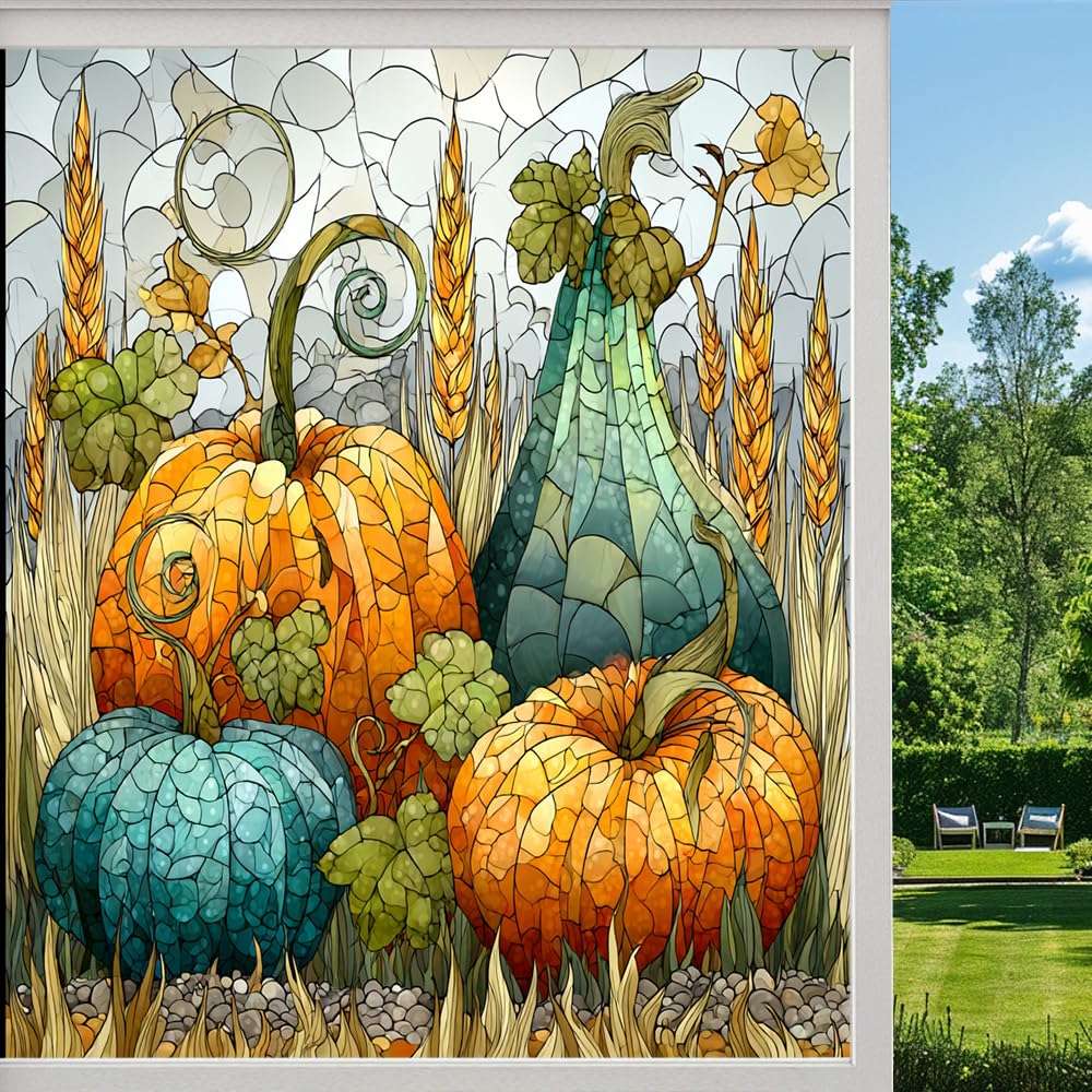 Modern Pumpkins Privacy Window Film, Autumn Pumpkin Field Views Frosted Self-Adhesive Vinyl Cling for Glass Doors Bathroom Windows Sun Blocking Heat Control, （90x140cm）