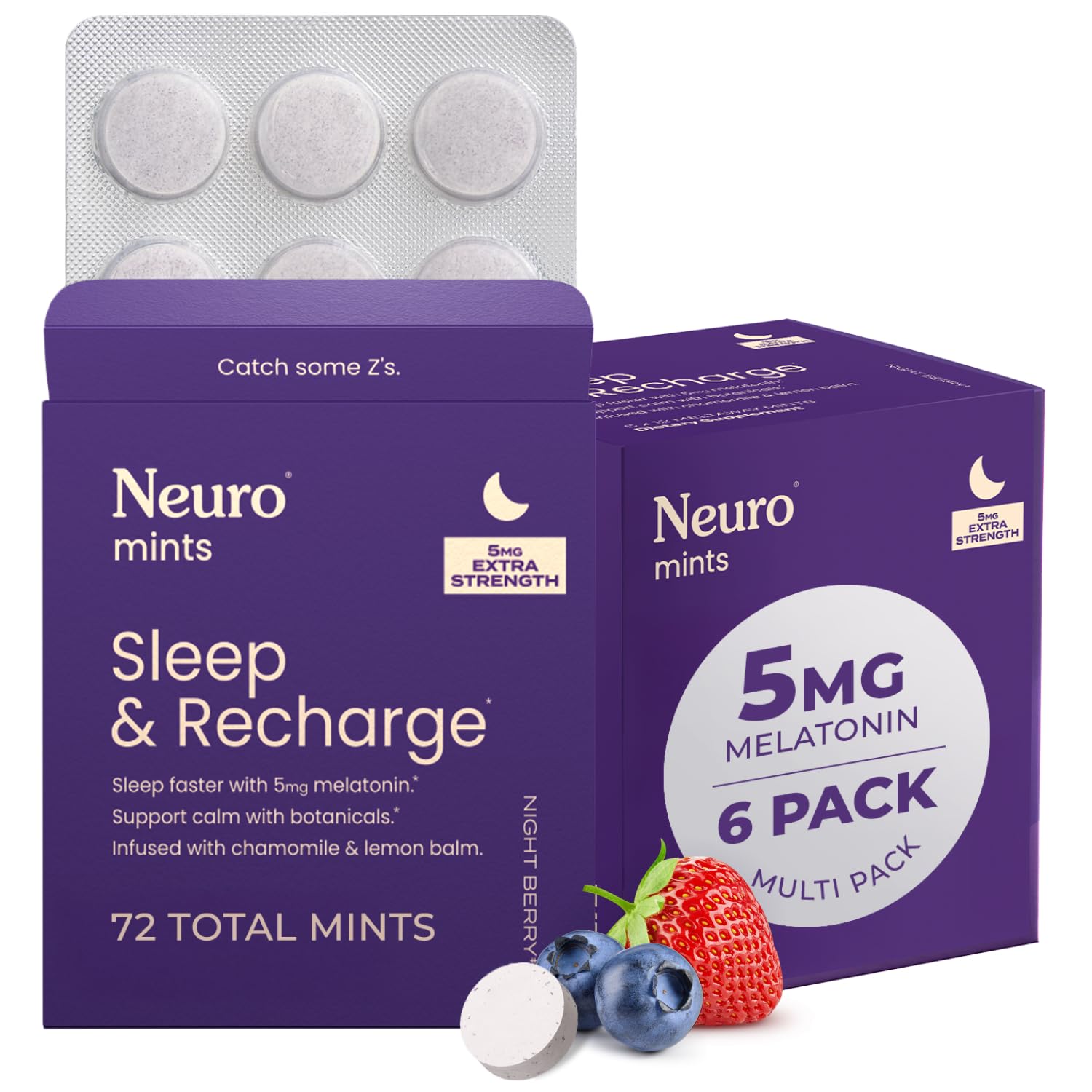 Sleep & Recharge Meltaway Mints - Contains Melatonin 5mg, Chamomile & Elderberry - Travel Aid for Nighttime Relaxation & Healthy Sleep Cycle - Night Berry 72, ct