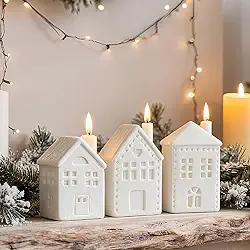 WDS WONDROUS Decorações de casas de aldeia de Natal, 3 peças de casas de cidade de cerâmica branca iluminadas com chaminé de vela, conjunto de casas de aldeias de Natal com luzes para decoração de