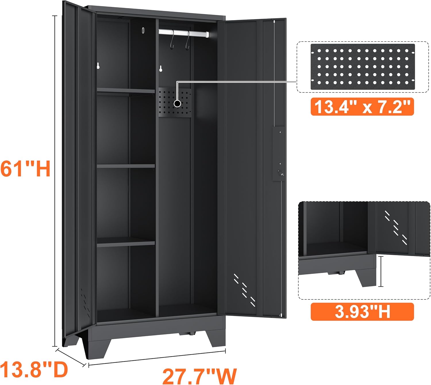 Storage Cabinet 61" H, Metal Outdoor Sheds with Shelves for Tools Storage, Cleaning Supplies Closet with Removable Pegboard for Outdoor, Garage, Utility Room