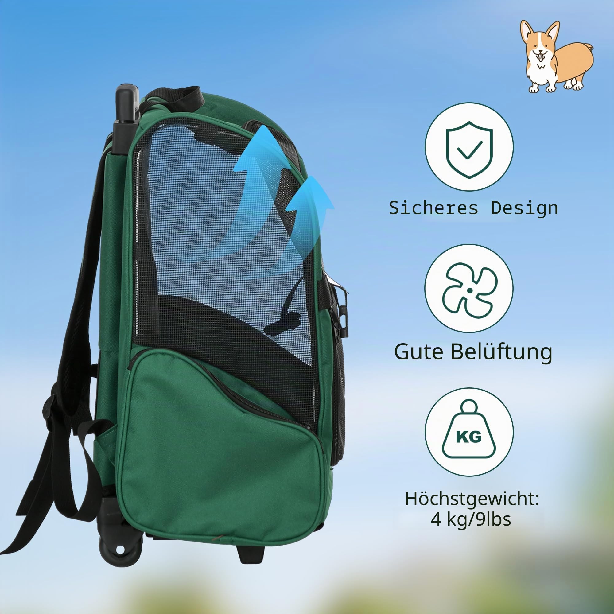 PawHut 2-in-1 Rucksackträger für Haustiere mit Rädern 42x25x55cm Grün
