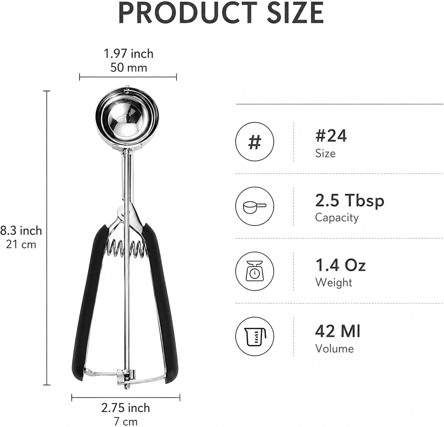 1Pcs Ice Cream Scoop, #24 Stainless Steel Scoop with Spring Trigger Release
