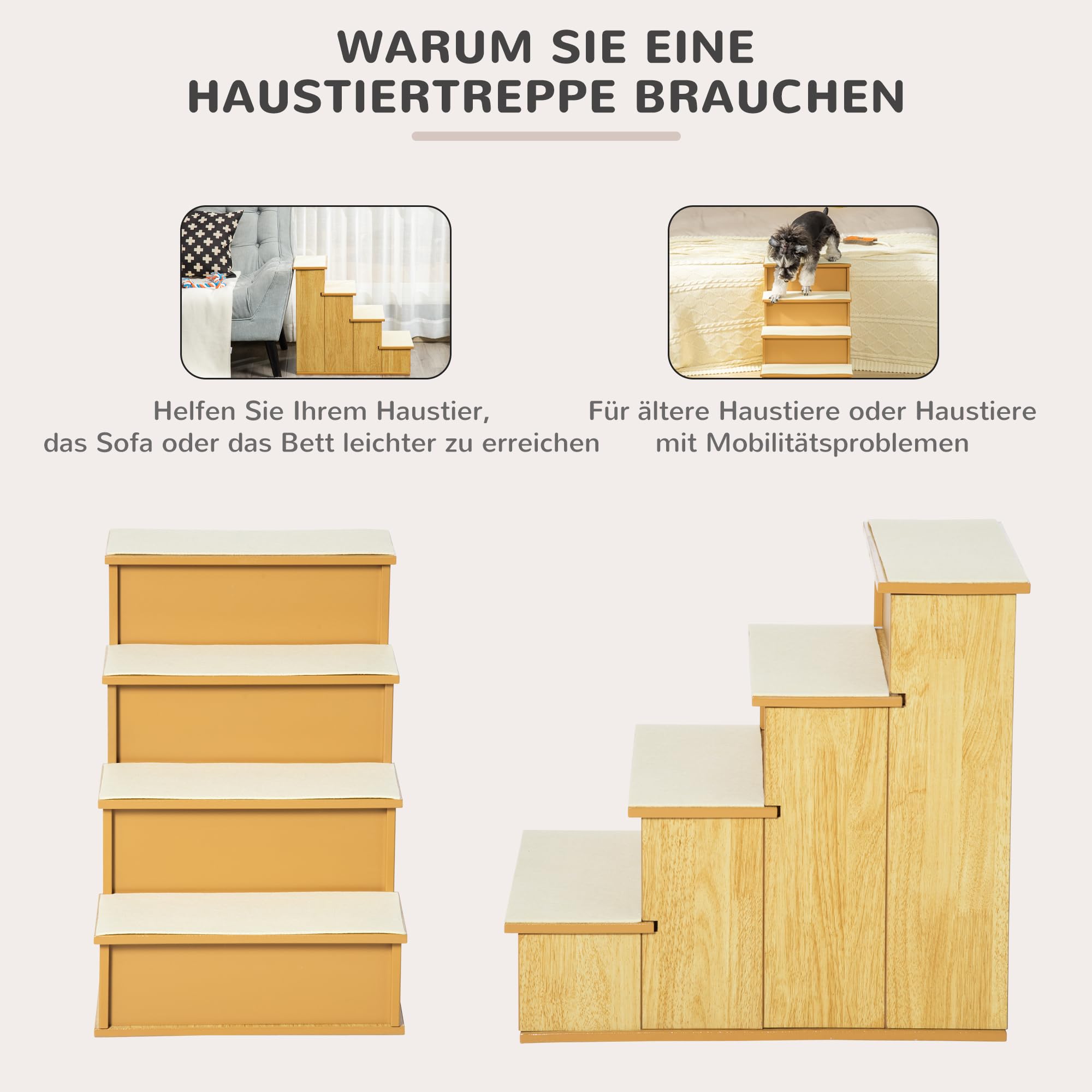 PawHut Schody dla psa 4-stopniowe 40x59x54,2 cm Naturalny | drabinka dla zwierząt, mata antypoślizgowa, pomoc przy wchodzeniu, do auta, łóżka, sofy