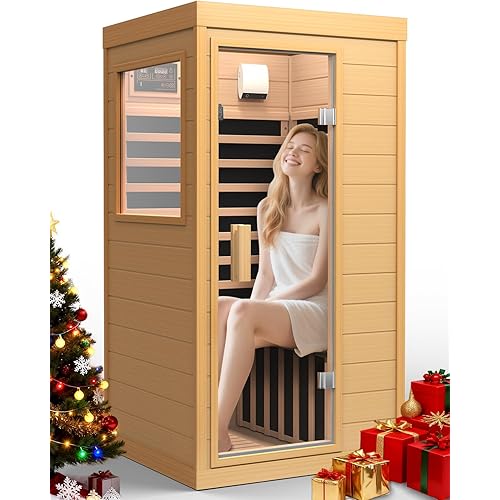 Infrared Sauna with Red Light, Hemlock 1 Person Dry Sauna with Backrest, 1062W Fast Heating Low EMF Sauna with 5 Carbon Heaters, Sauna Infrared with Bluetooth & Integrated Speakers (Wood)