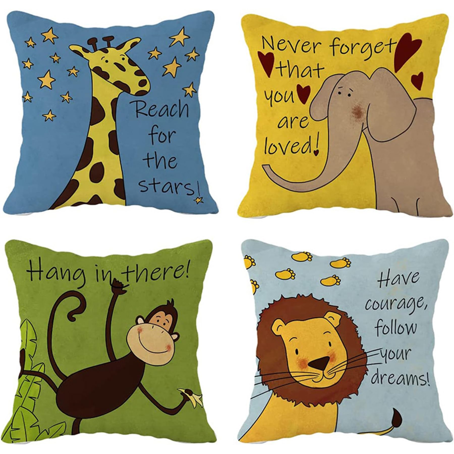 Umimiss Animal Cushion Covers - 4PCS Cushion Covers 45 X 45, Woodland Nursery Decor, Cute Cartoon Elephants Giraffes Lions Monkeys Linen Pillow Covers for Children’s Rooms Sofa Car Cushions Bedroom