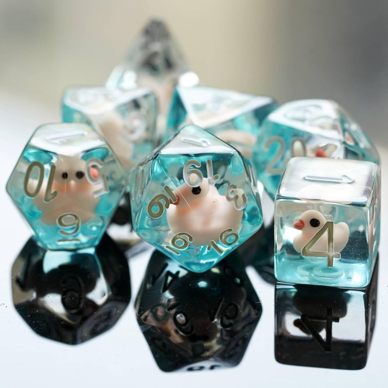 Cusdie 7-Die DND Dice, Polyhedral Dice Set Filled with Animal, for Role Playing Game D&D Dice（Pink Duck w/White Numbers）