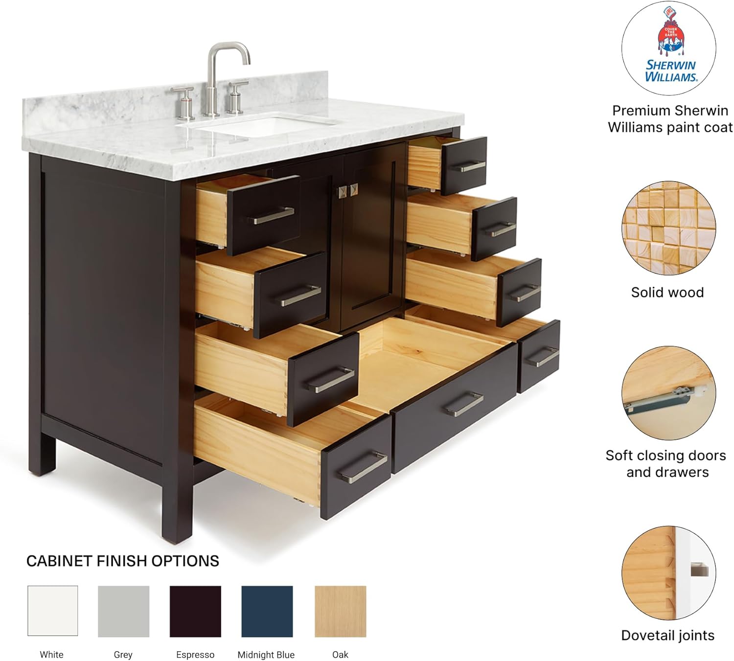DKB Beckford 48-Inch Bathroom Vanity with Sink — Espresso Single Sink Bathroom Vanity, 1.5" Edge Italian Carrara Marble Top, Solid Wood, 2 Soft-Close Doors, 9 Dovetail Drawers