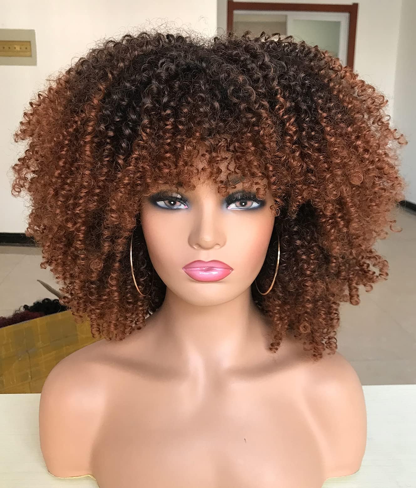 RunM hair (ombre brown) - Afro Bomb Kinky Curly Wig with Bangs for Black Women 36cm Fashion Ombre Brown Short Curly Wig(4/30)